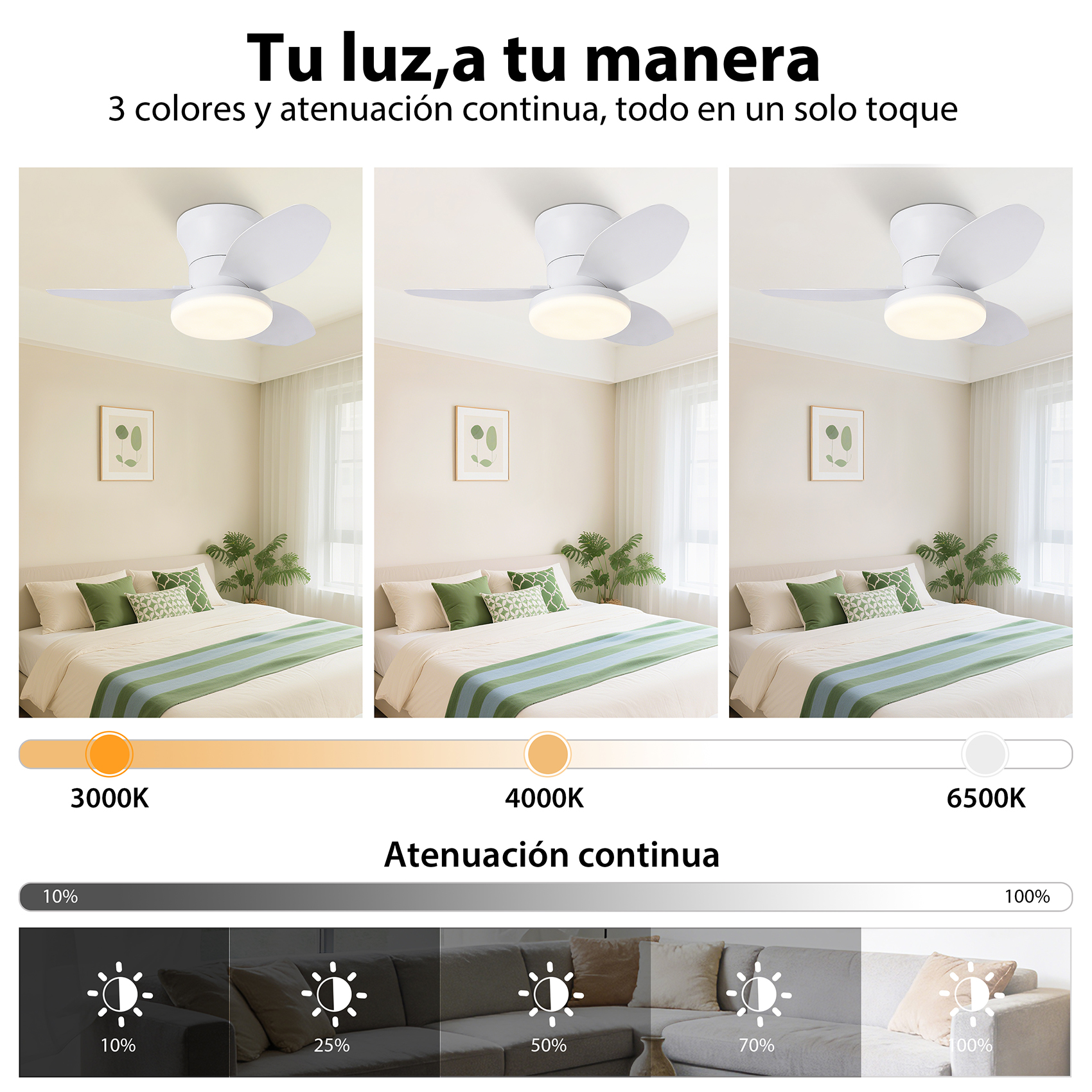 Ventilador de techo con luz LED en tres temperaturas de color y niveles de brillo.