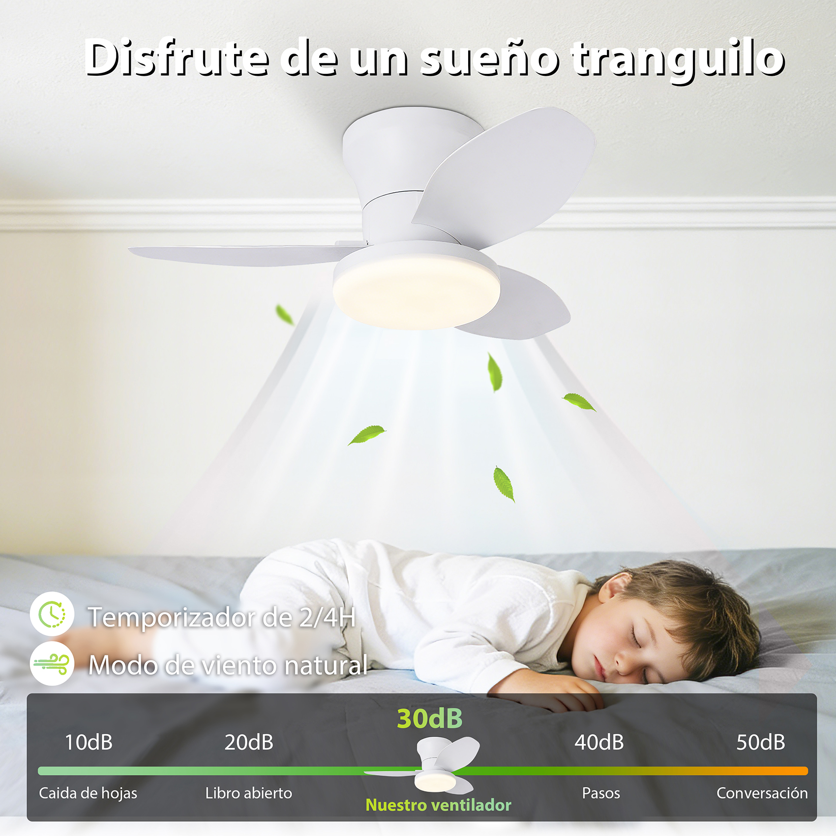Un niño duerme mientras un ventilador circula aire, con hojas.