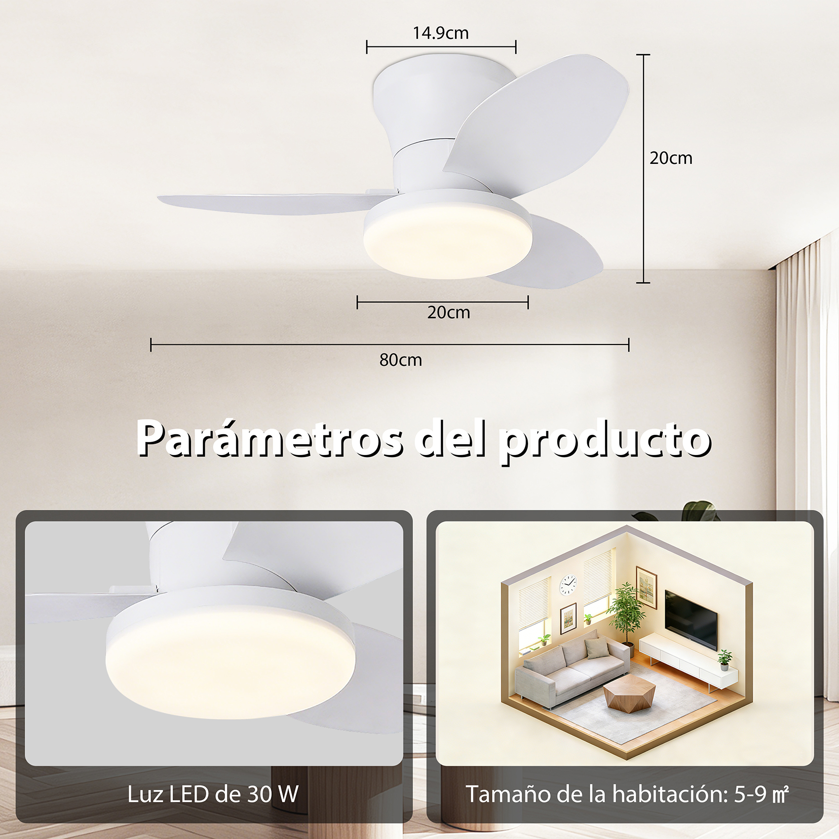 Lámpara de ventilador de techo blanca de tres aspas, medidas 80x20x14.9cm.