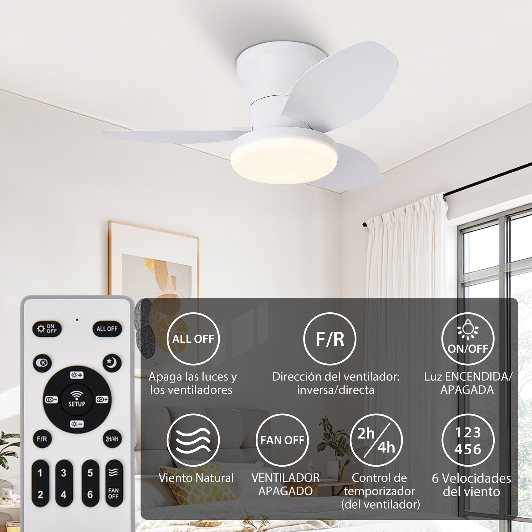 Se muestra un ventilador de techo blanco con luz LED y mando a distancia.