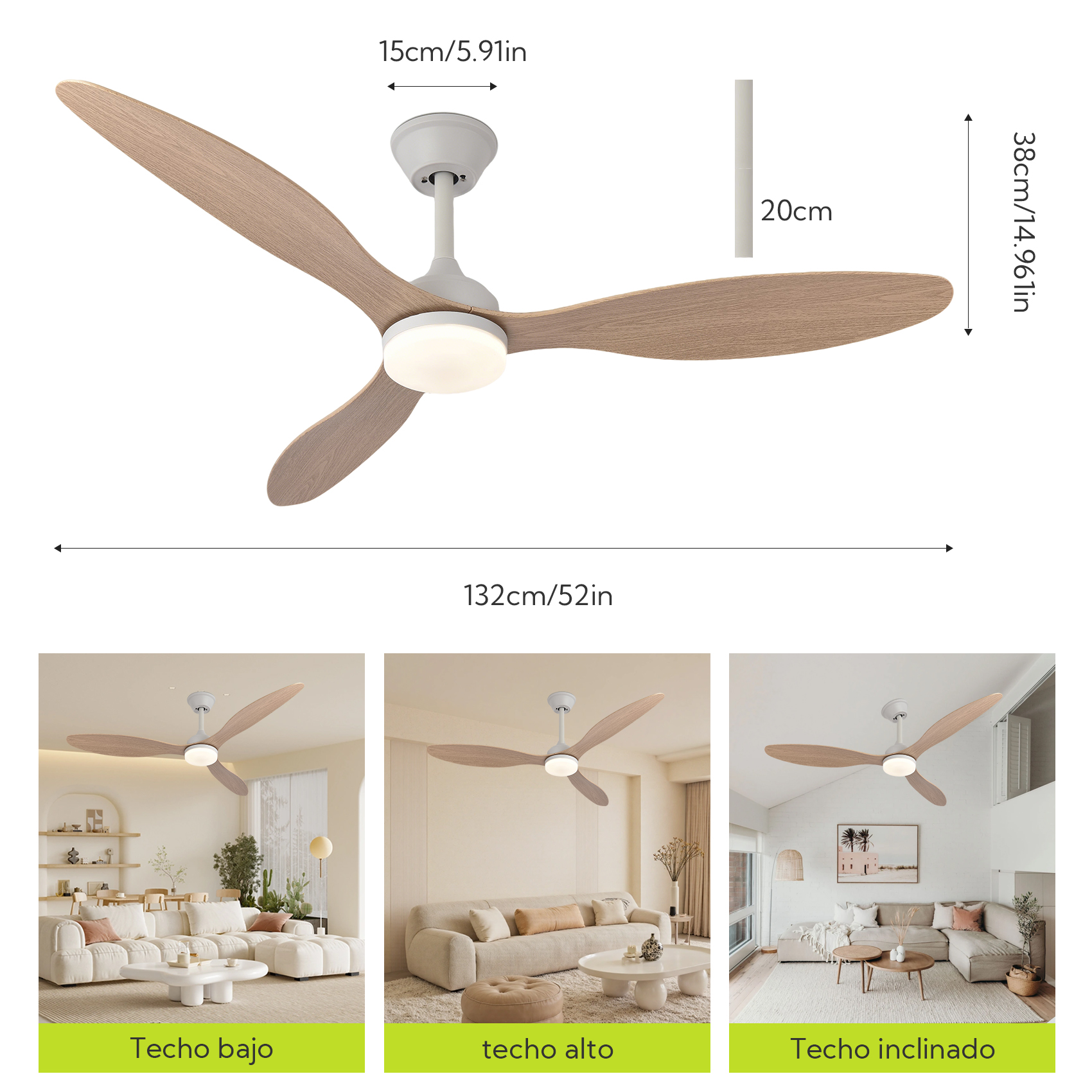 Ventilador de techo con tres aspas de madera, luz LED y medidas.