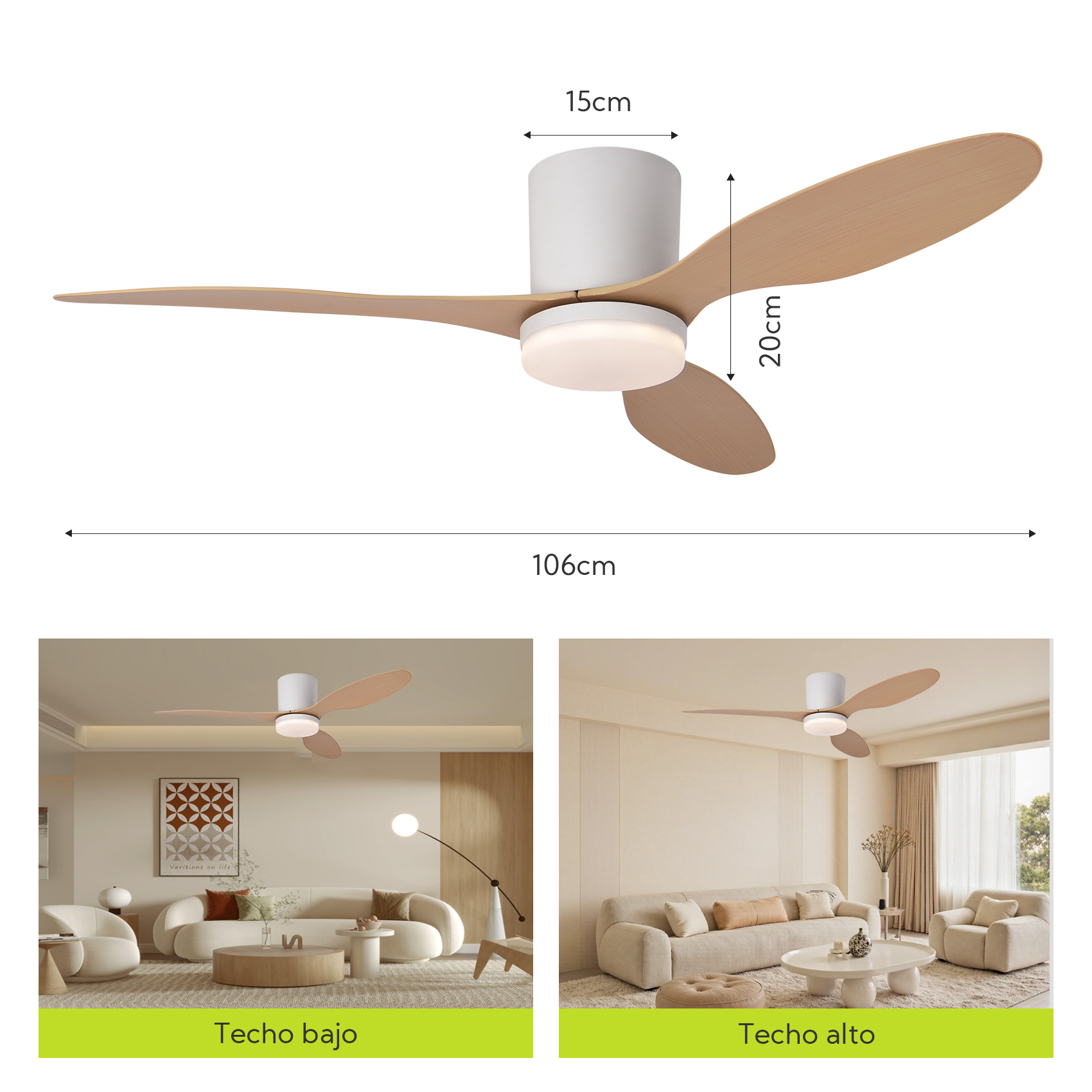 Ventilador de techo con tres aspas de madera, carcasa blanca y luz LED.