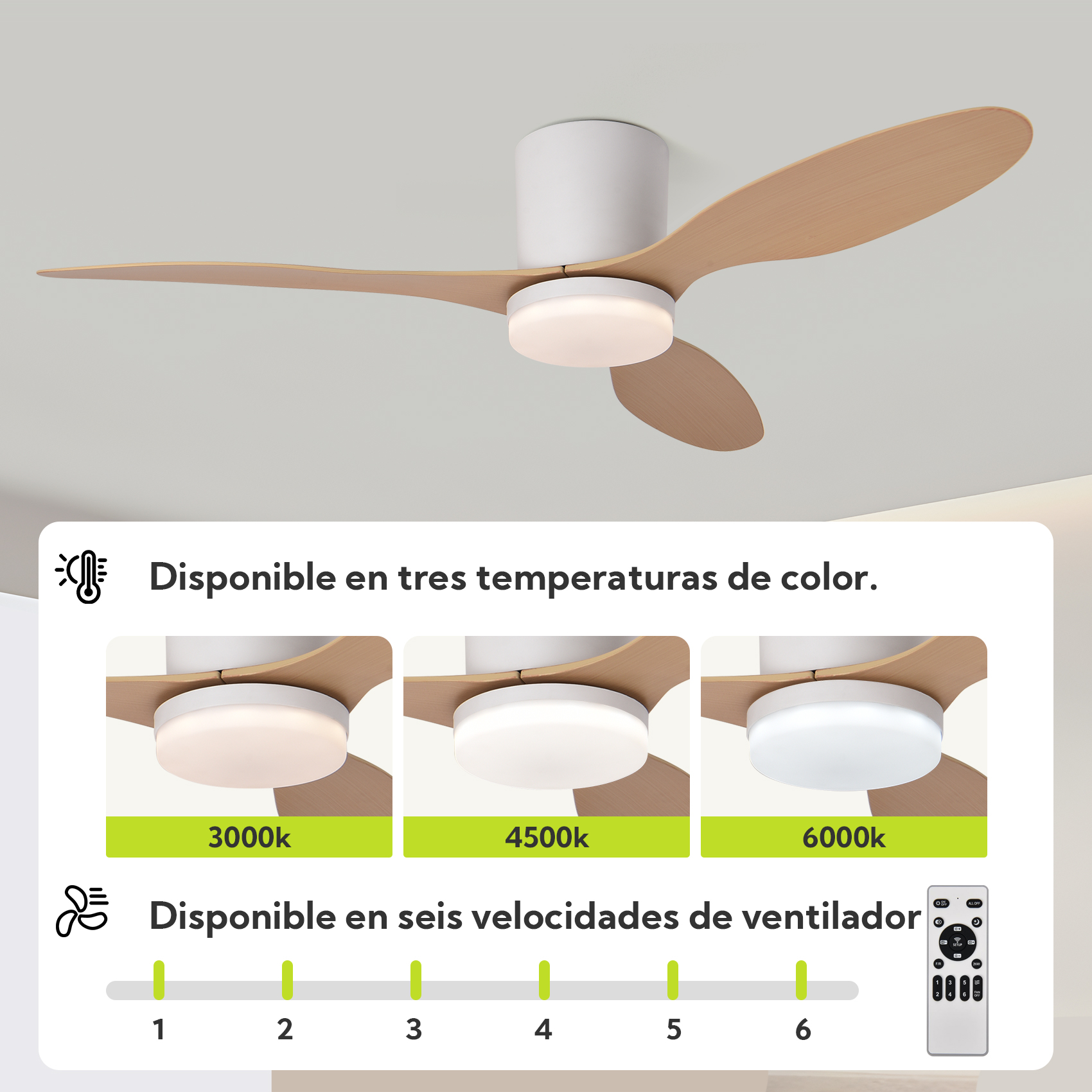 Ventilador de techo con luz, 3 temperaturas de color y 6 velocidades.