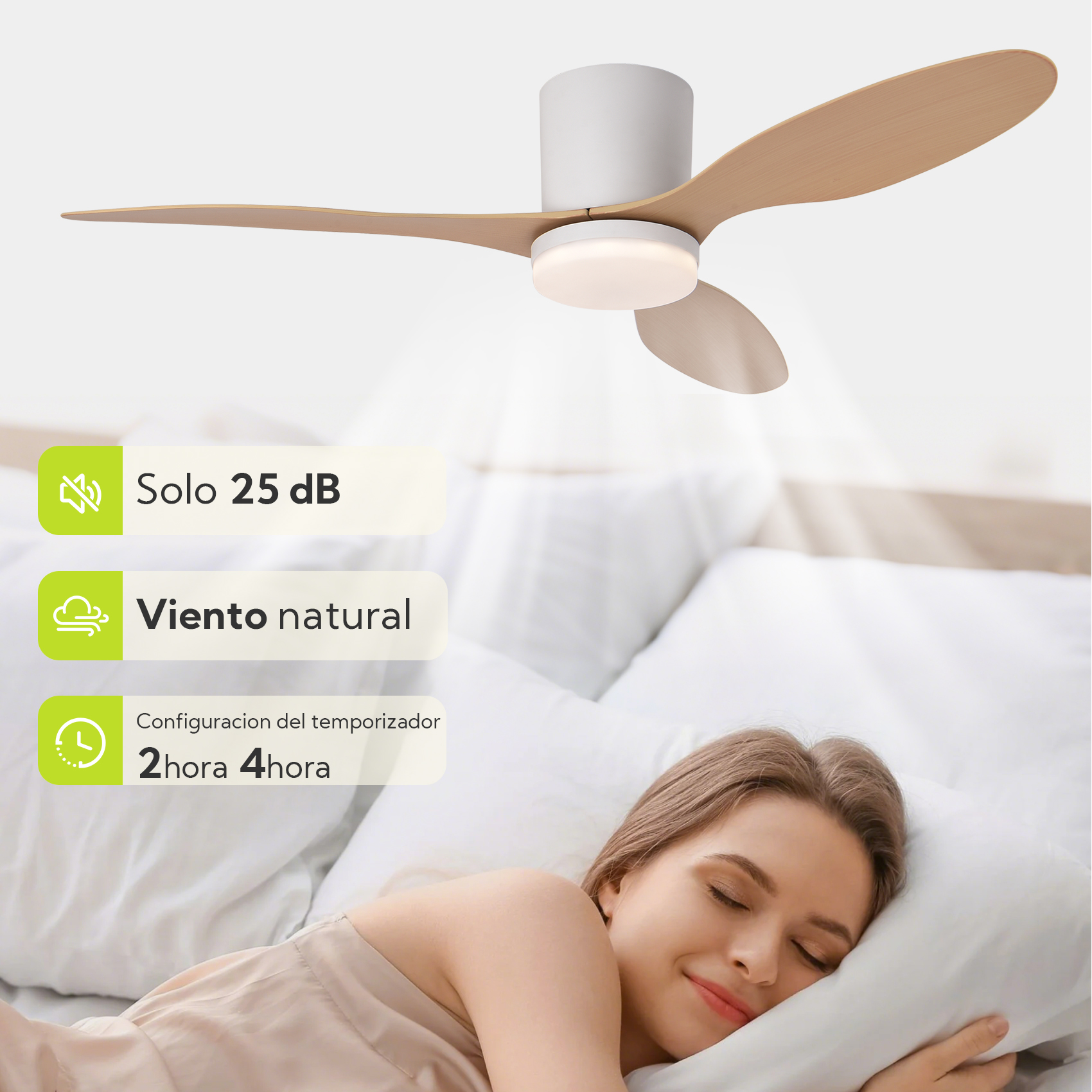 Una mujer duerme bajo un ventilador con aspas de madera.