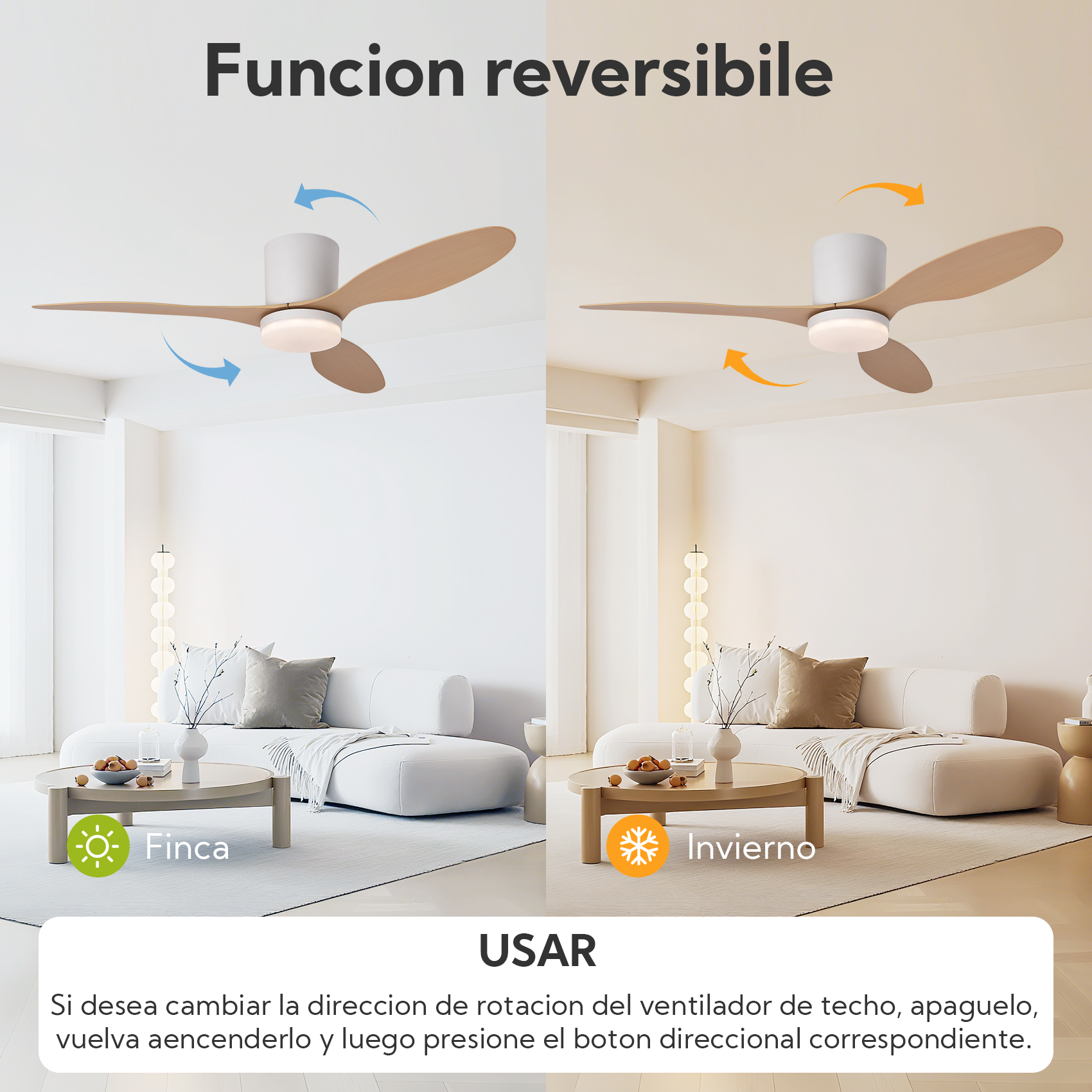 Ventilador de techo con modos verano e invierno, mostrando flujo de aire con flechas.