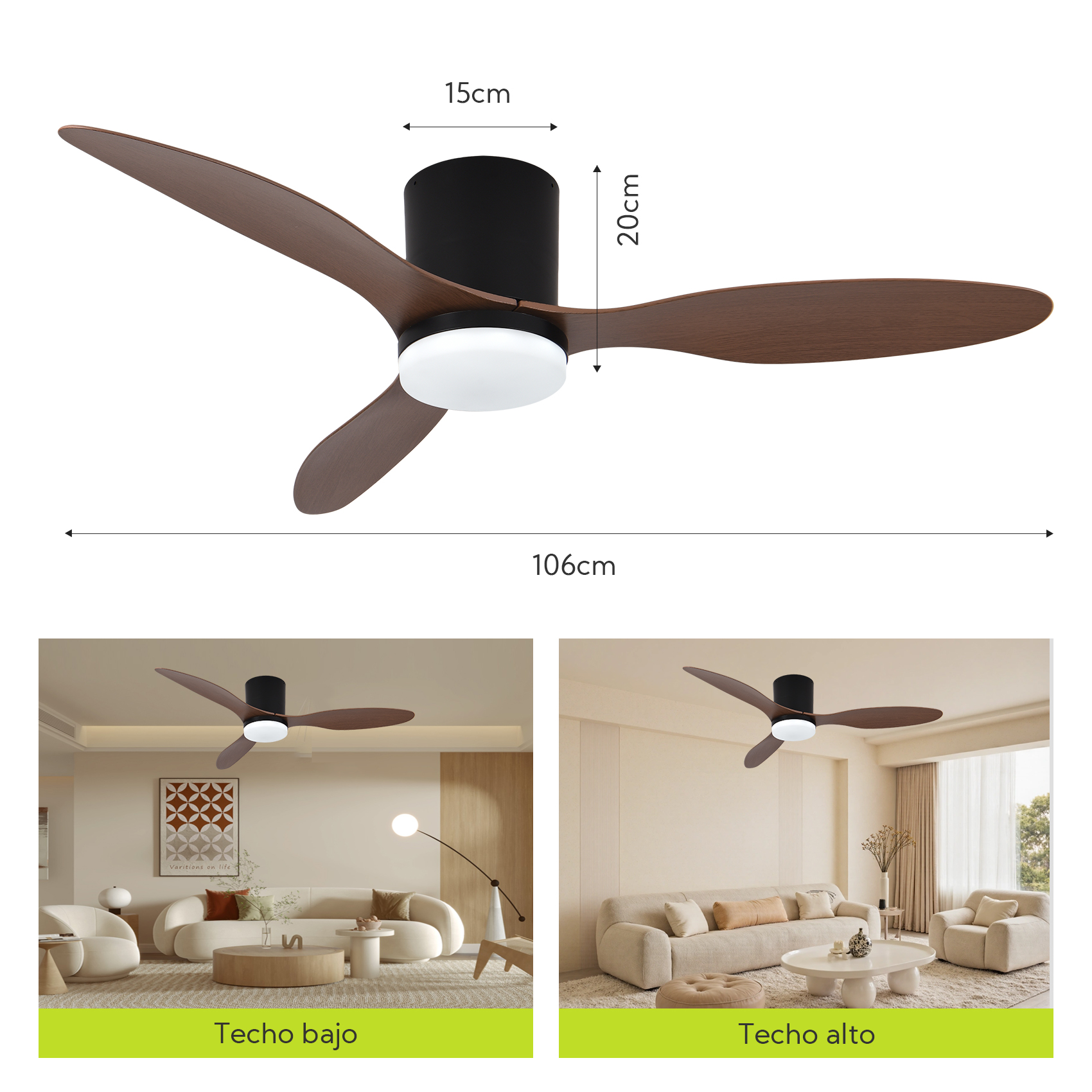 Ventilador de techo de tres aspas con aspas de madera oscura y motor negro.