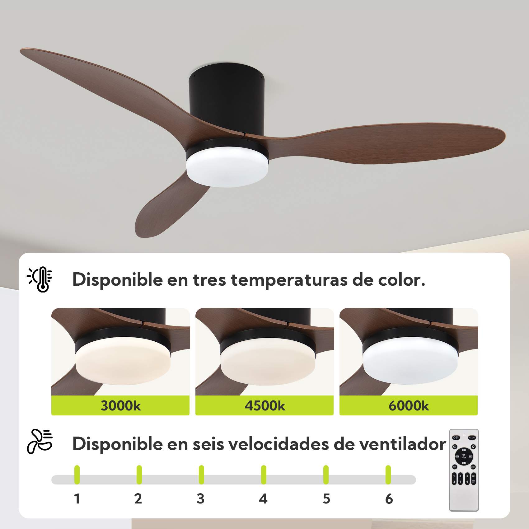 Ventilador de techo con aspas de madera, luz LED, 3 temperaturas de color y 6 velocidades.