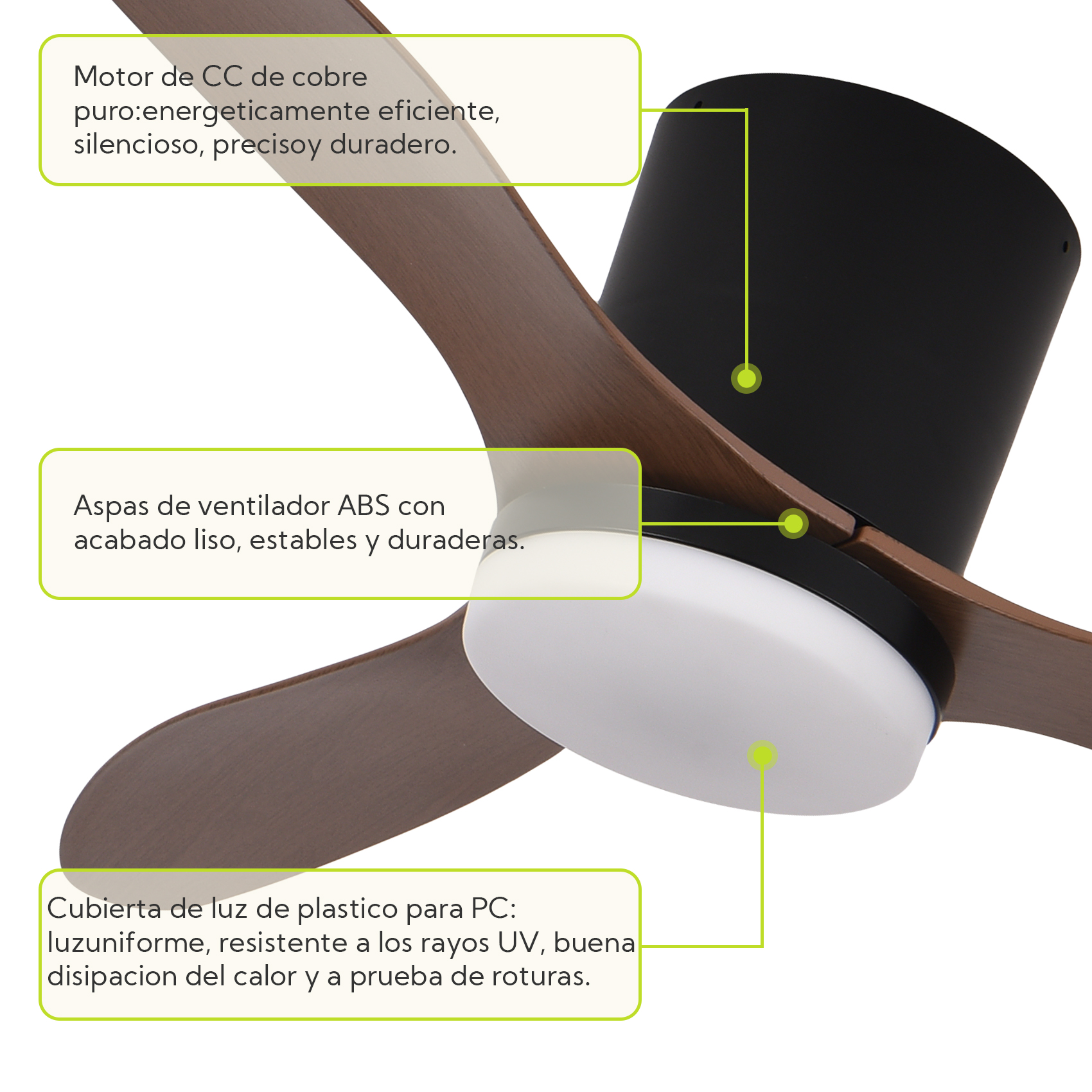 Un ventilador de techo con aspas de madera, motor negro y cubierta de luz LED.