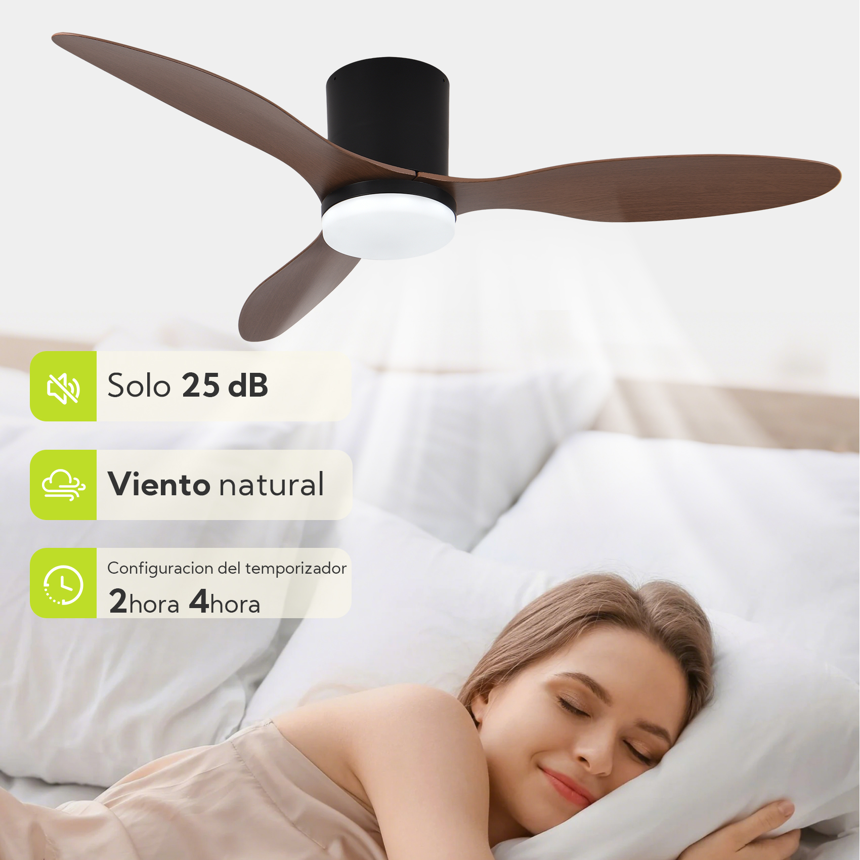 Un ventilador de techo con aspas de madera sobre una mujer durmiendo.