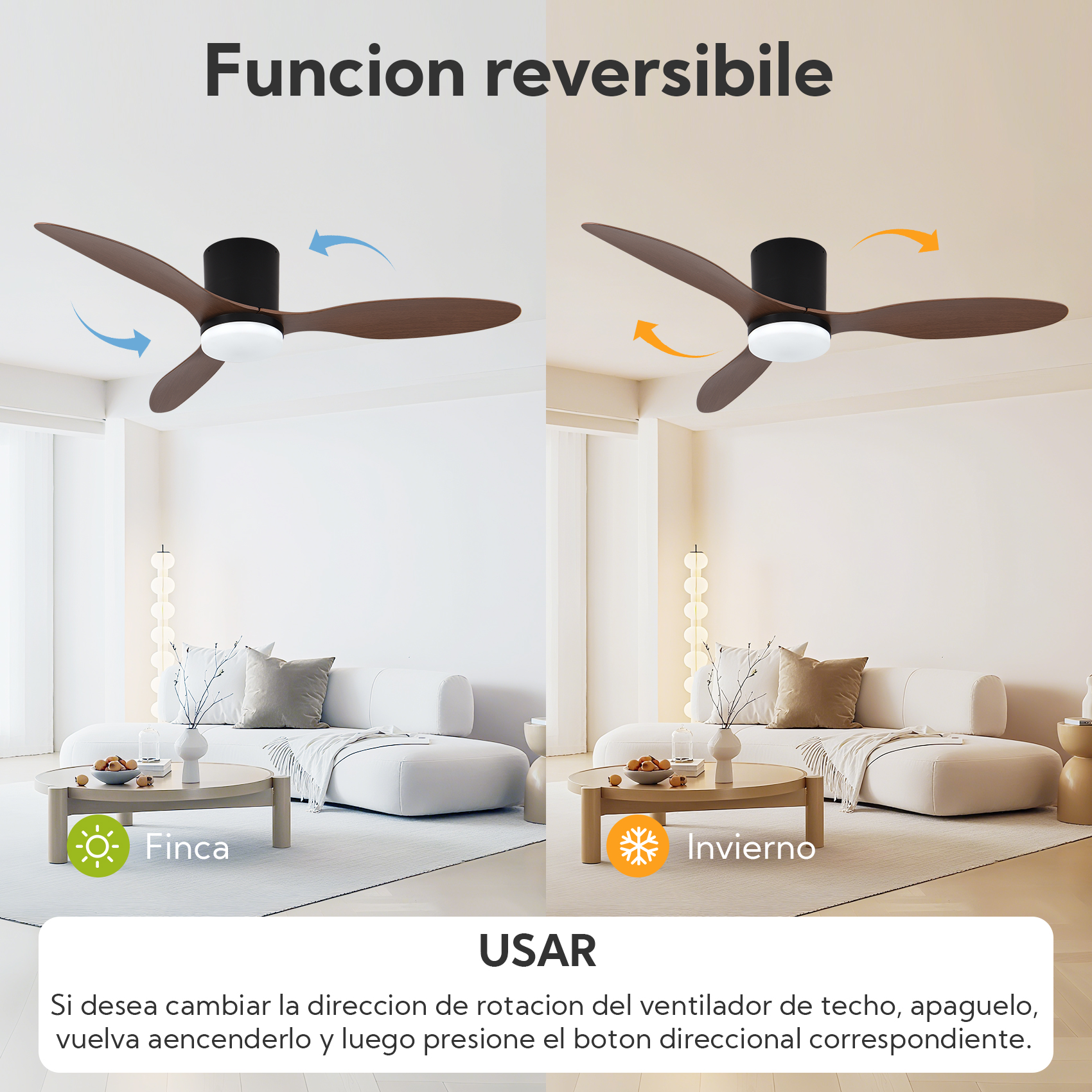 Ventilador de techo con aspas de madera, modo verano/invierno.