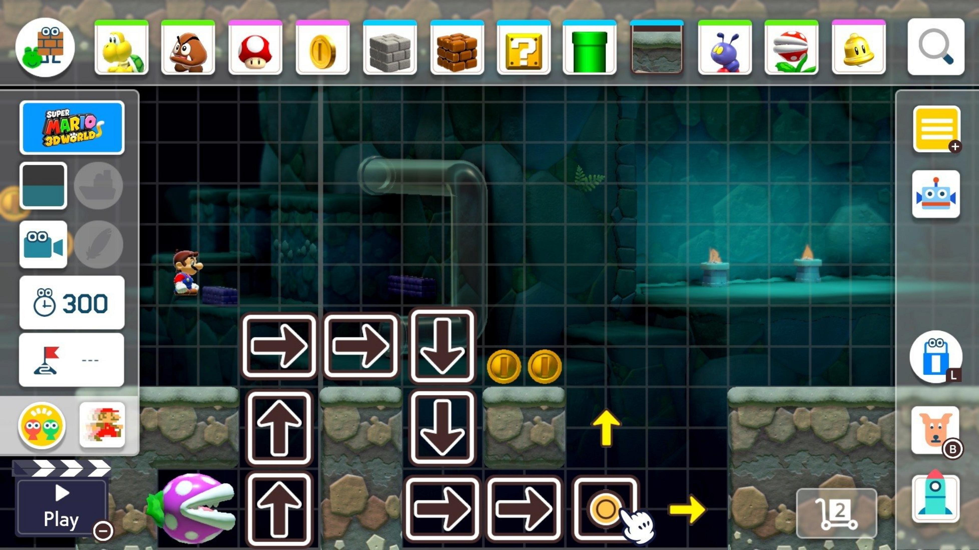 Mario im Level-Editor, mit Werkzeugen und Objekten zum Platzieren.