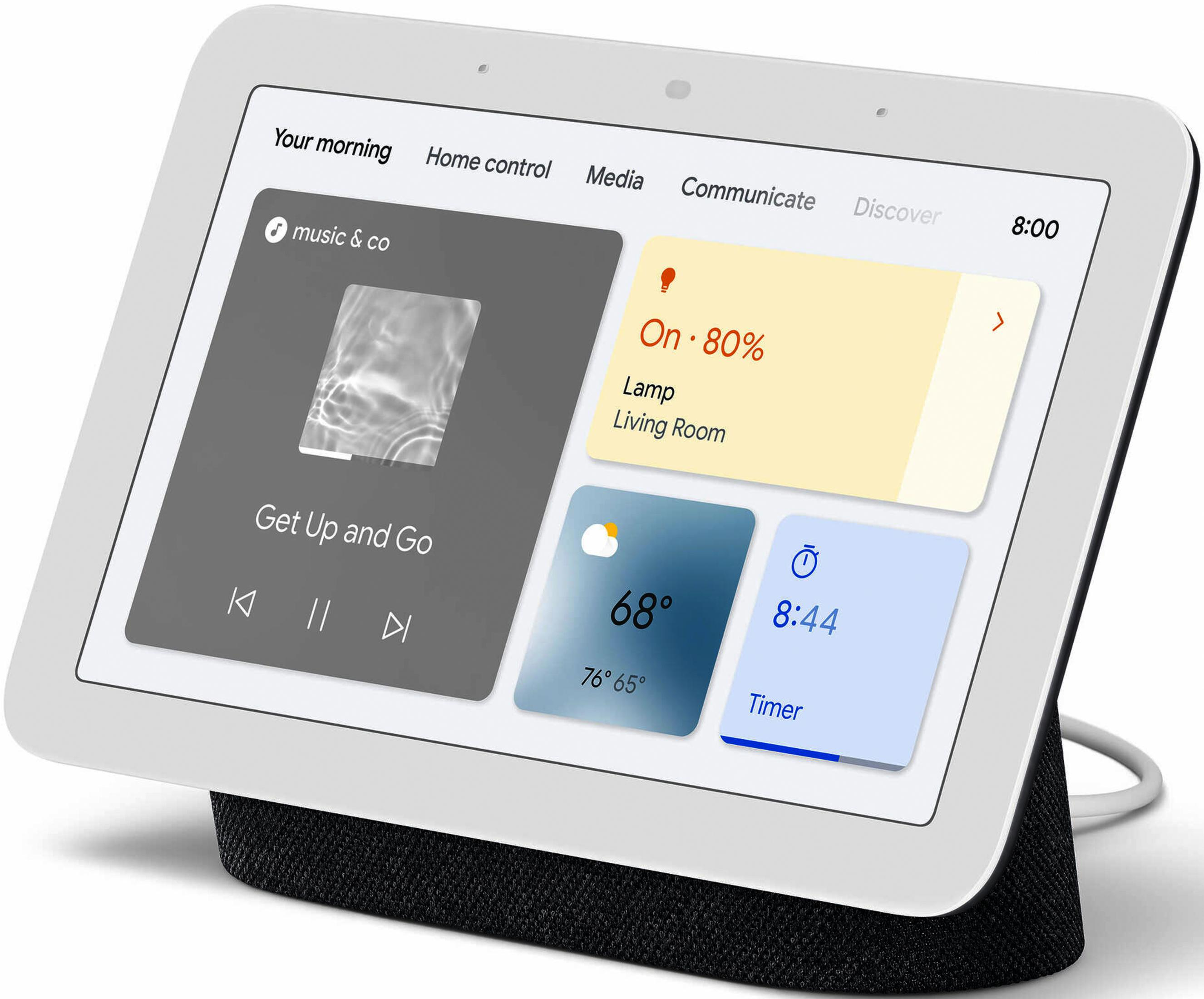 Un Google Nest Hub muestra música, estado de lámpara, clima y temporizador.