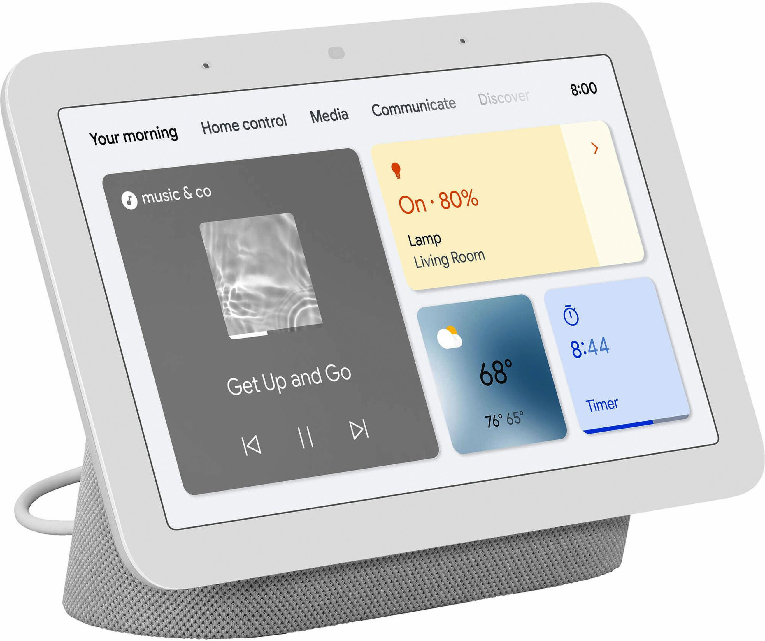 Un display smart bianco mostra musica, meteo, ora e stato lampada.