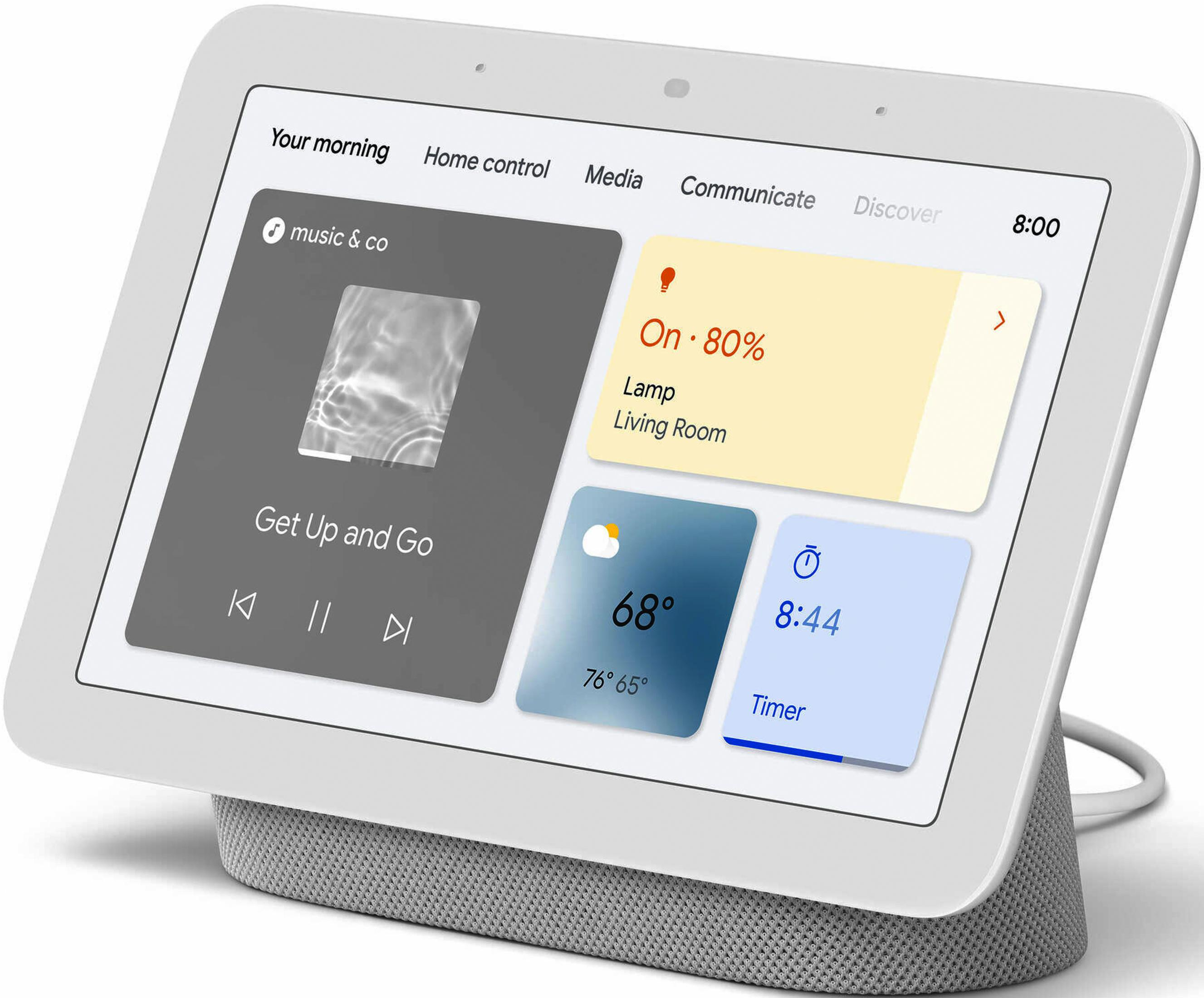 Un display smart bianco mostra musica, luci e meteo.