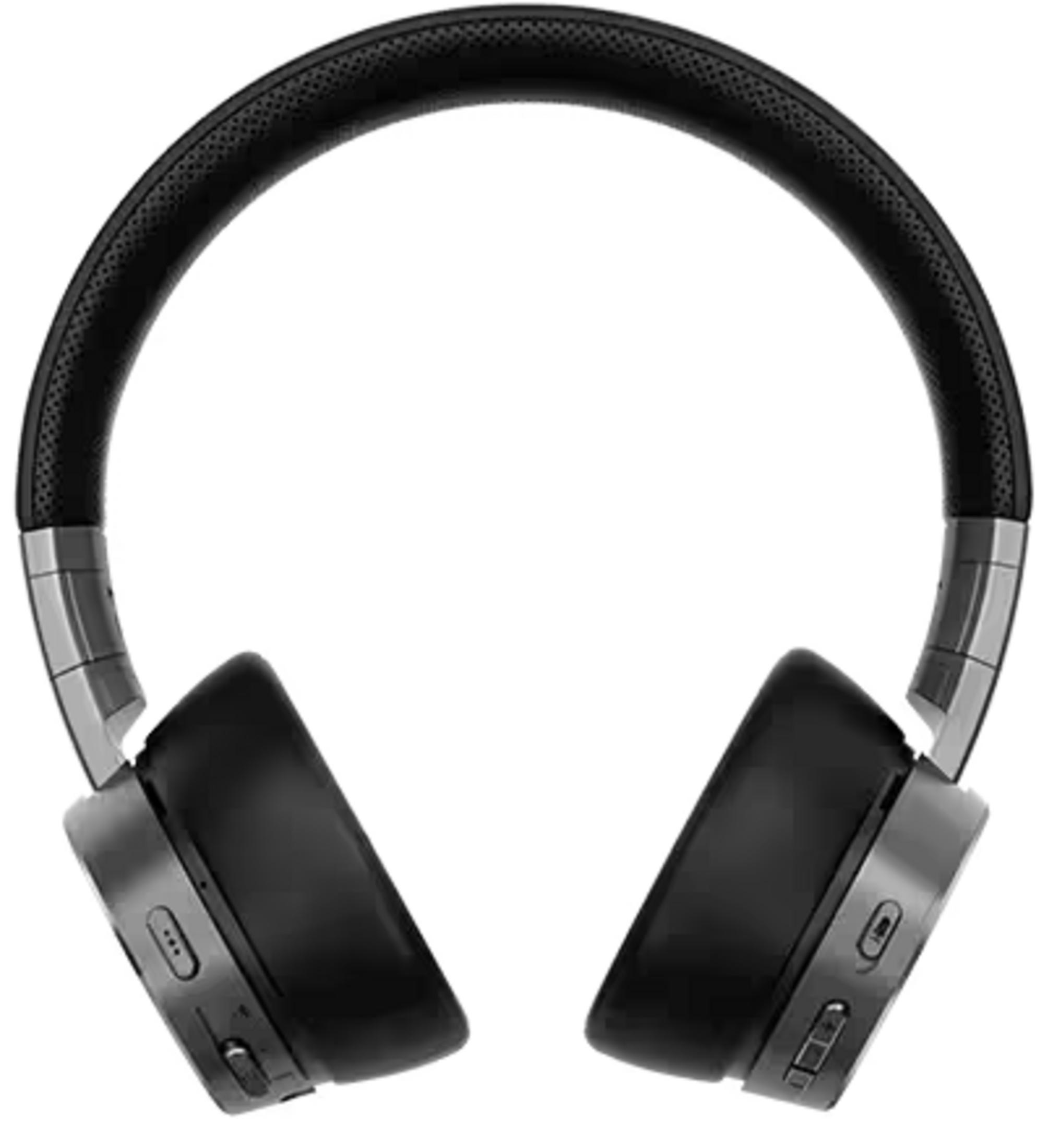 Czarne słuchawki z perforowaną opaską i srebrnymi detalami.