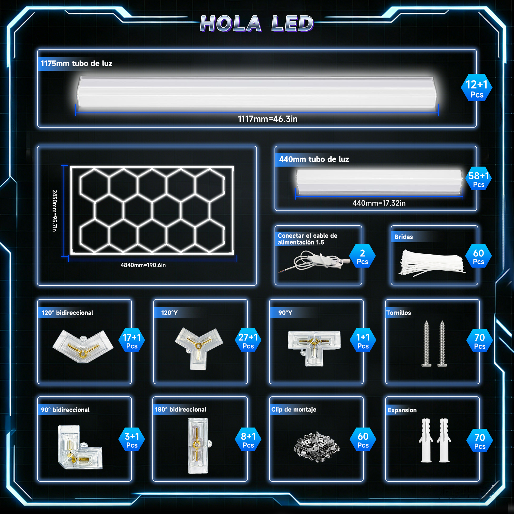 Vista general de productos de iluminación LED y accesorios con medidas y cantidades.