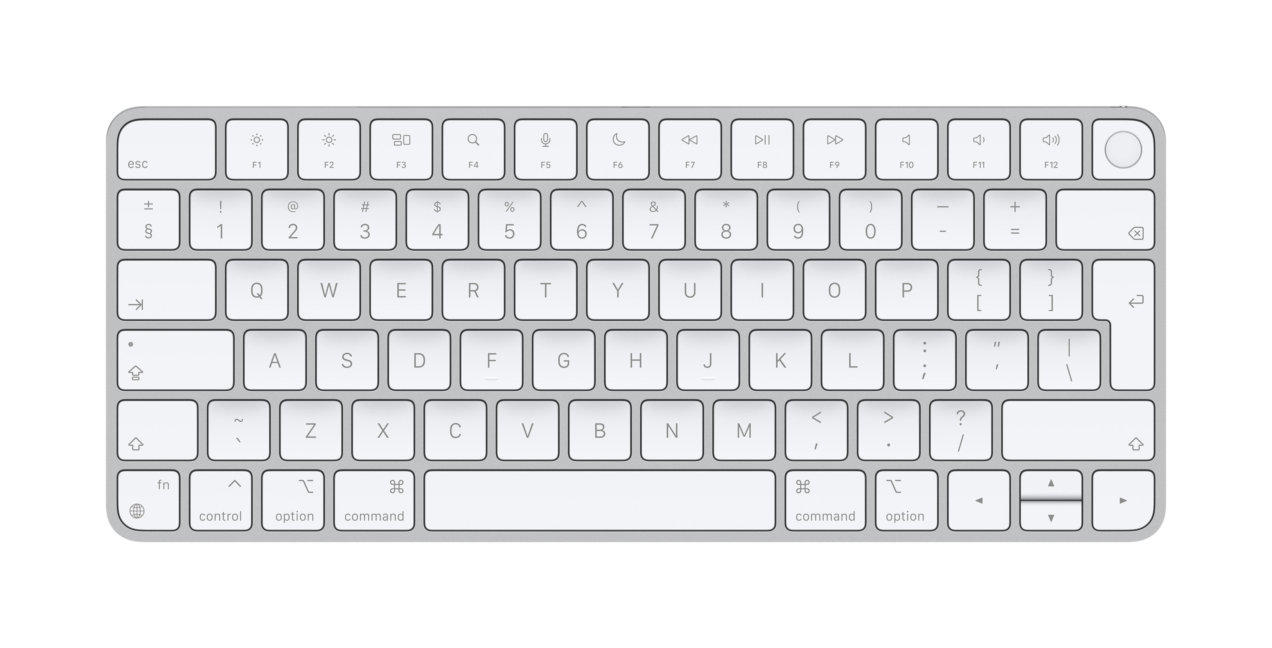 Eine silberne Computertastatur mit weißen Tasten und Symbolen.