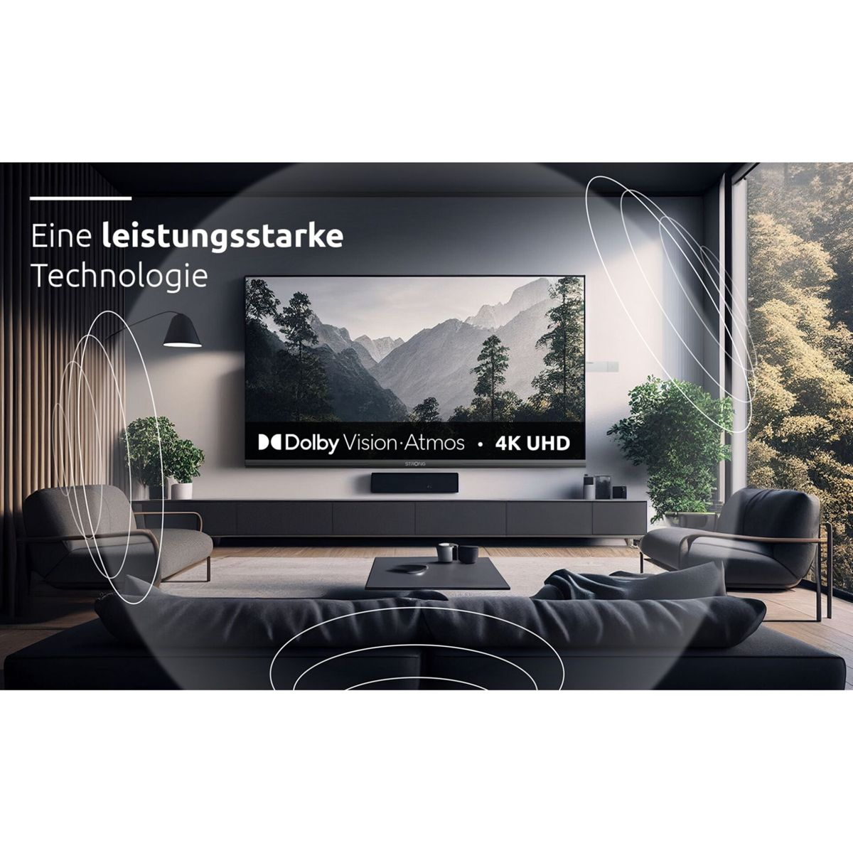 Ein modernes Wohnzimmer mit einem großen Fernseher, der Berge zeigt.