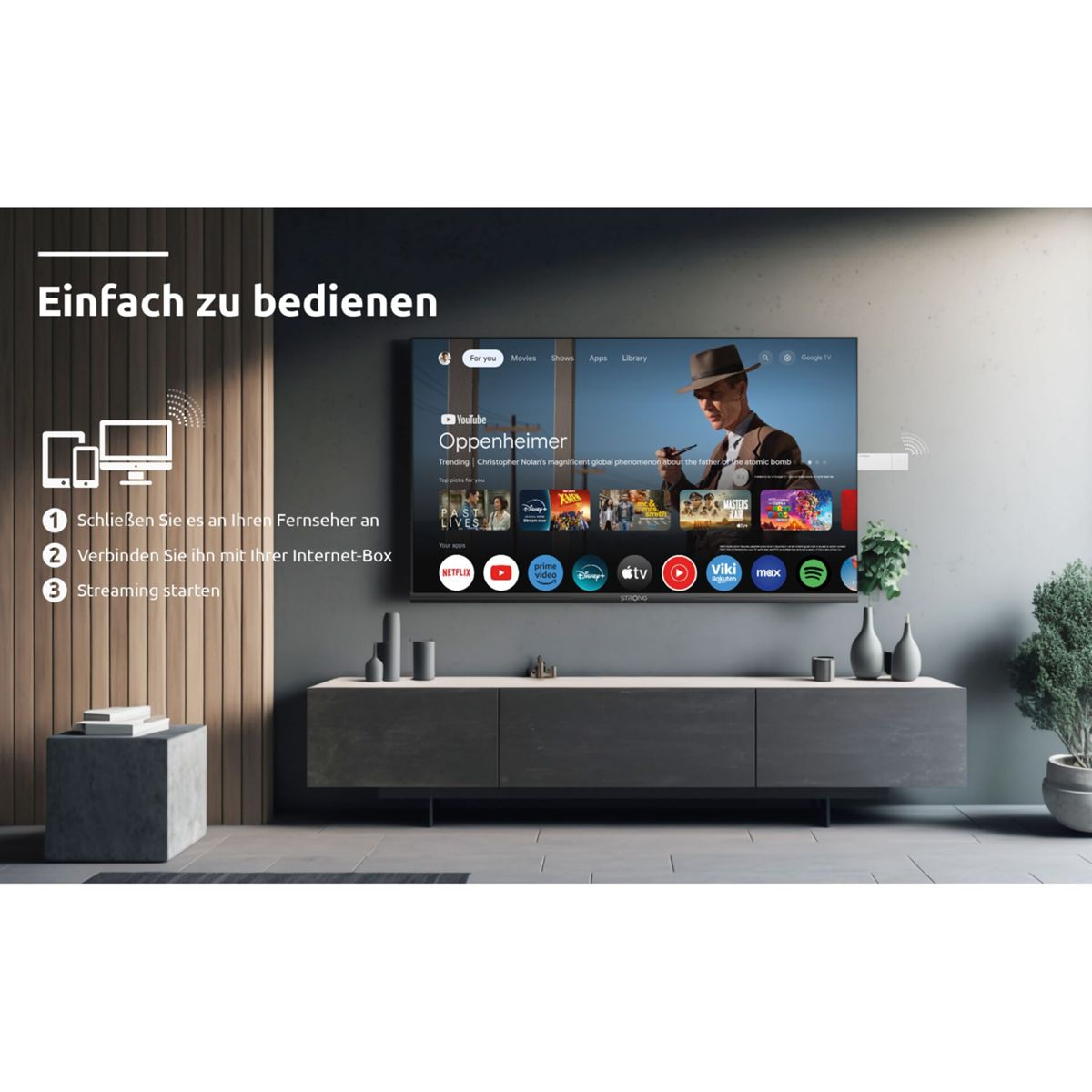 Ein Smart TV mit Apps wie YouTube und Netflix, daneben ein Sideboard.