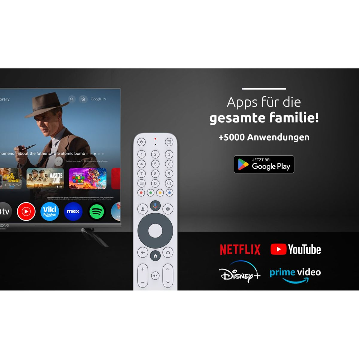 Ein Smart-TV mit Fernbedienung, Apps und Streaming-Diensten. Apps für die ganze Familie.