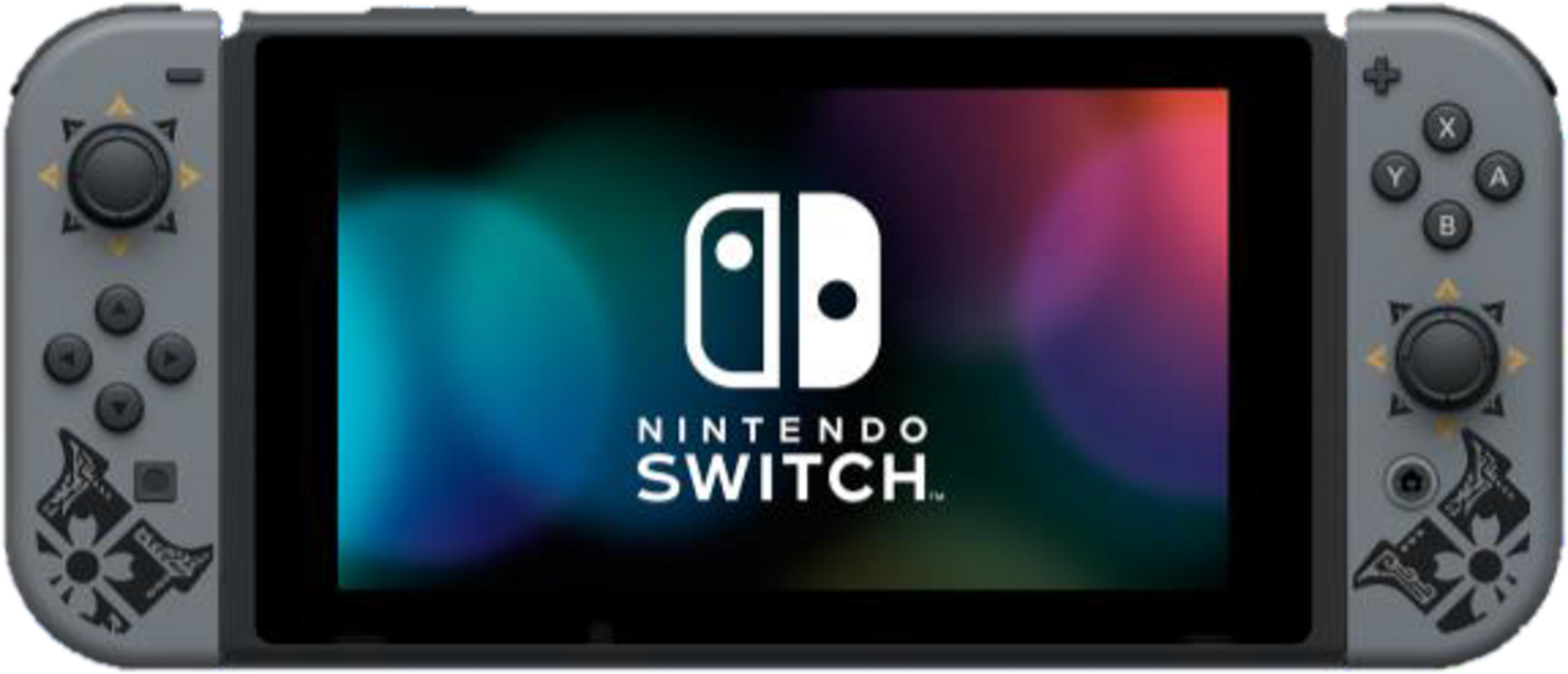 Eine graue Nintendo Switch Konsole zeigt ihr Logo auf dem Bildschirm mit buntem Hintergrund.