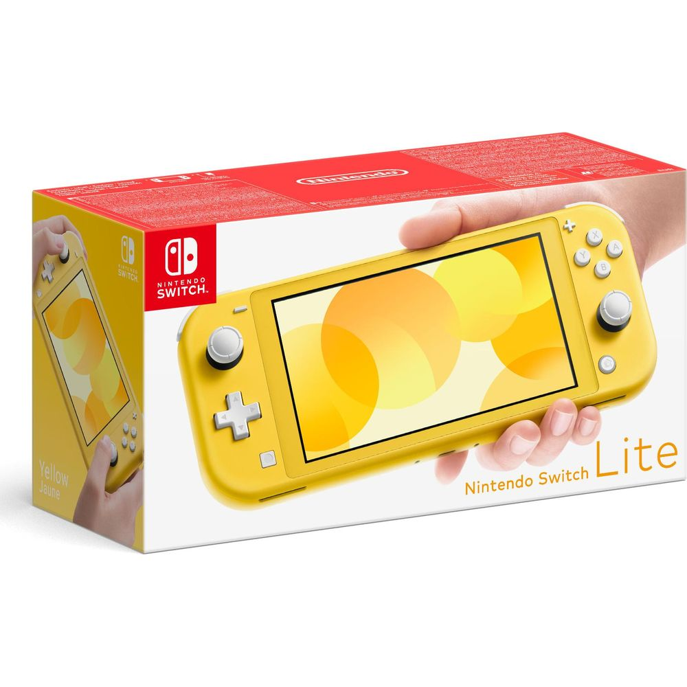 Żółta konsola Nintendo Switch Lite w opakowaniu z okrągłym wzorem na ekranie.
