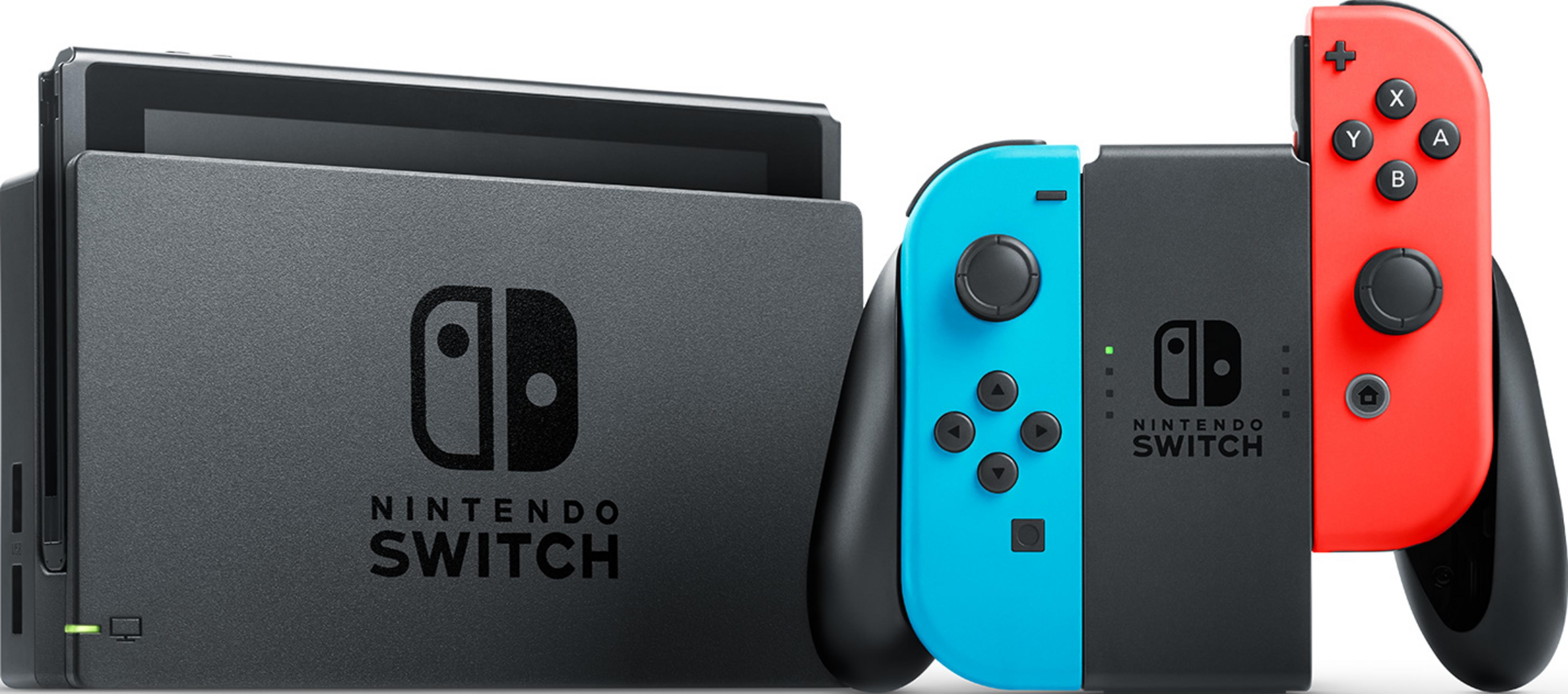 Ein Nintendo Switch Dock mit blauen und roten Joy-Con-Controllern.