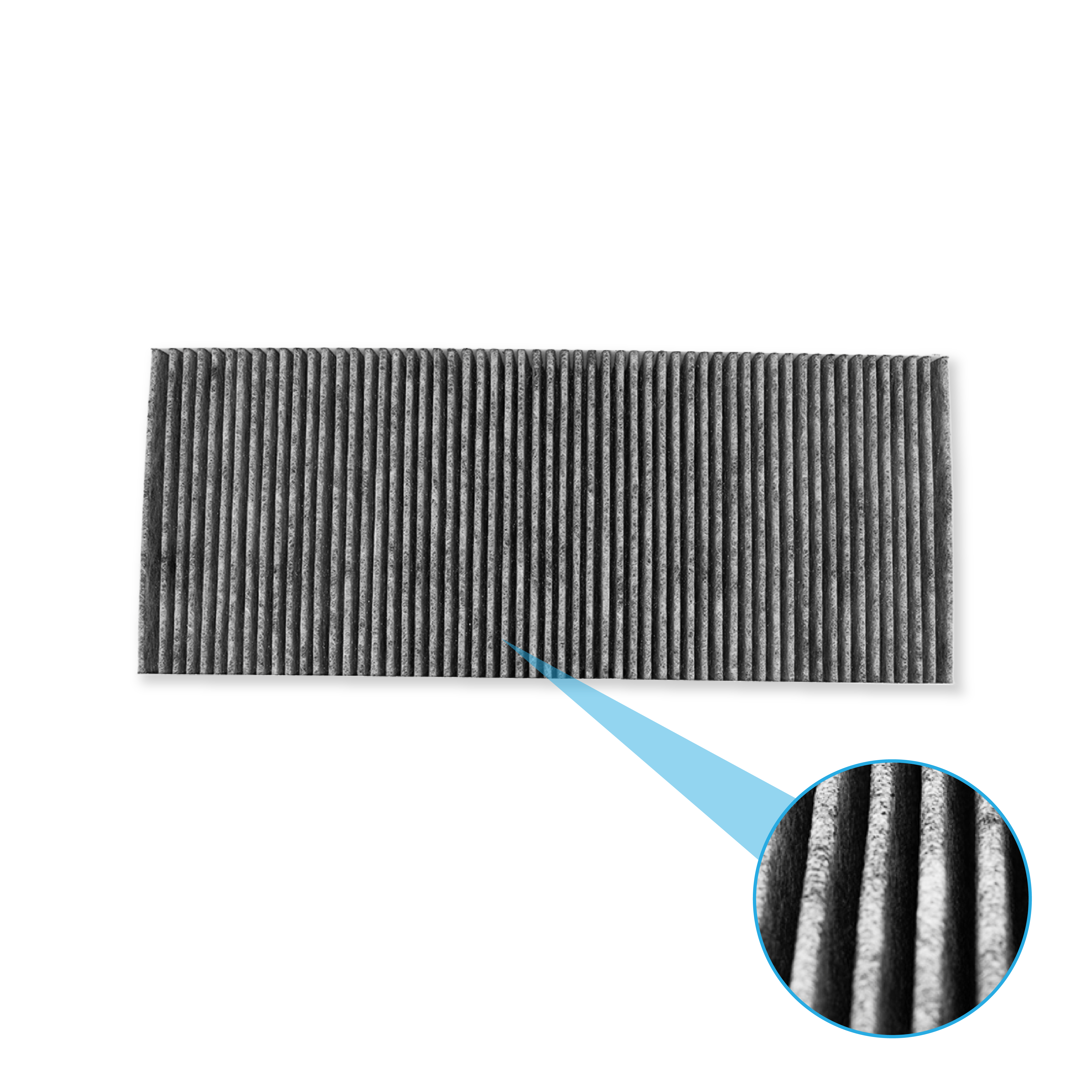 Ein grauer Luftfilter mit feinen Falten und einer Nahaufnahme.