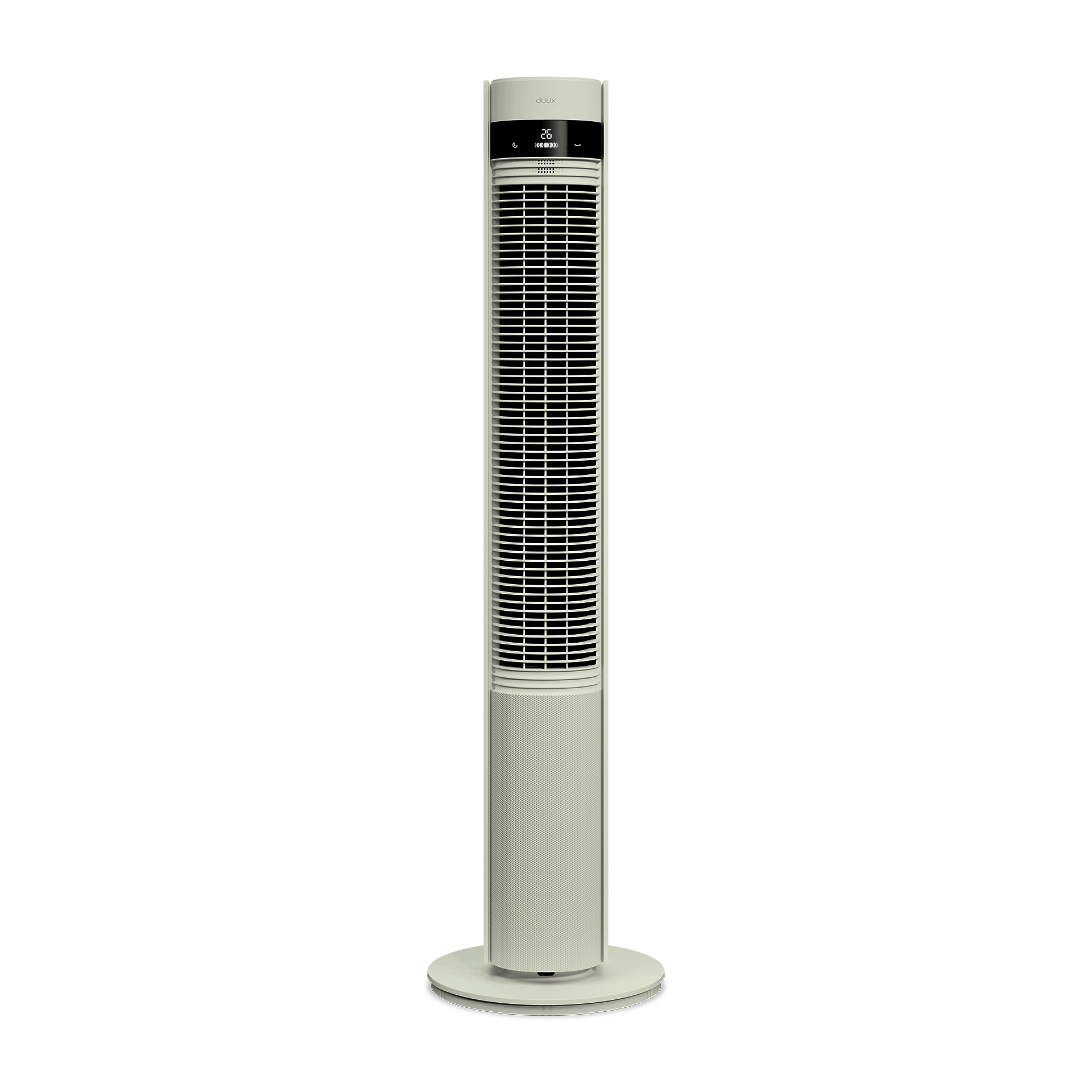 Een slanke, witte torenventilator met zwart bedieningspaneel en digitaal display.