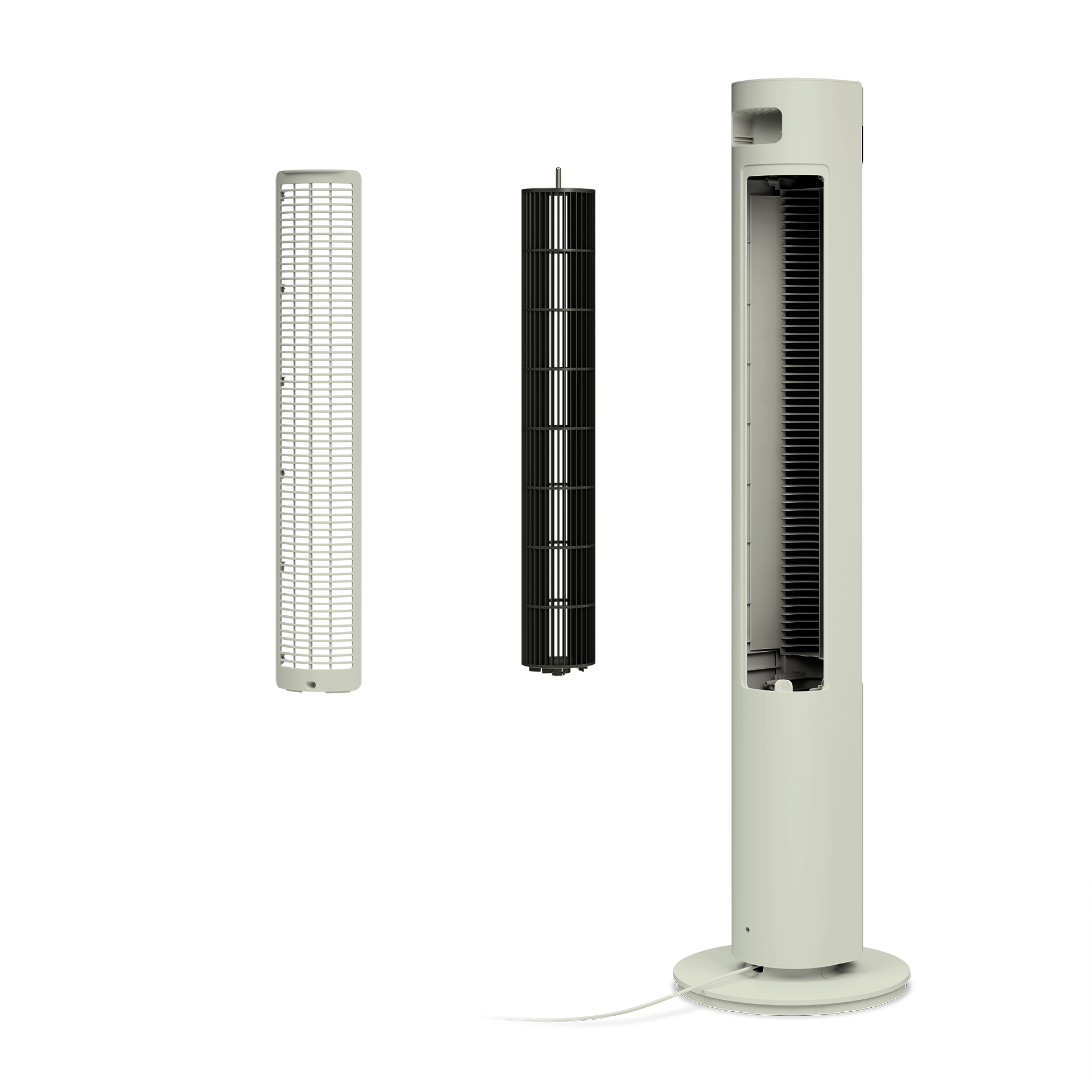 Een lichtgekleurde torenventilator met afneembare rotor en achterpaneel.