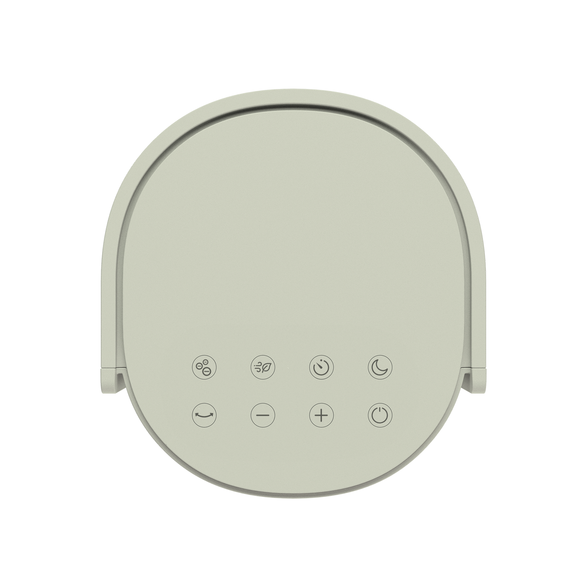 Een lichtgrijs apparaat met symbolen voor ventilator, blad, klok, maan, pijl, min, plus en aan/uit.