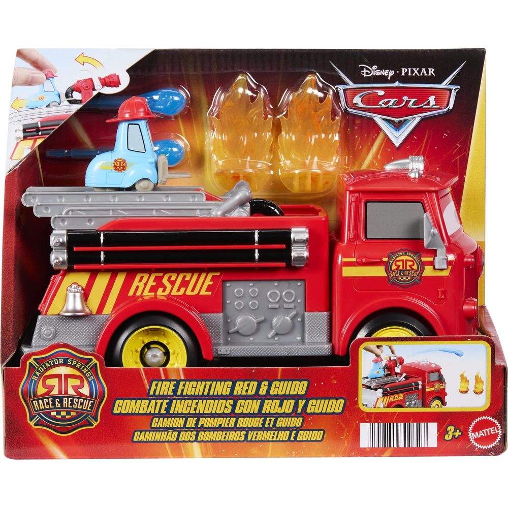 Czerwony wóz strażacki zabawka z napisem "Rescue" i niebieski pojazd.