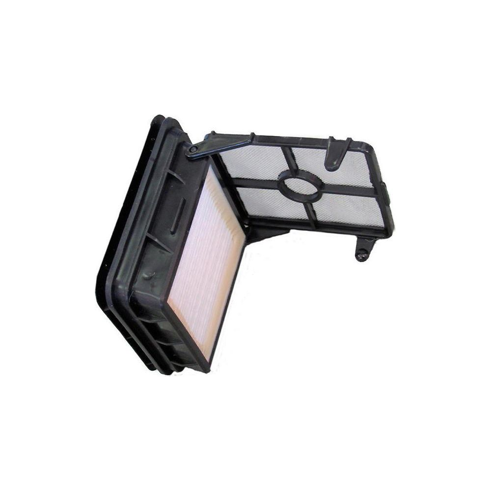 Otwarty filtr powietrza z czarną ramą i białym elementem filtrującym.