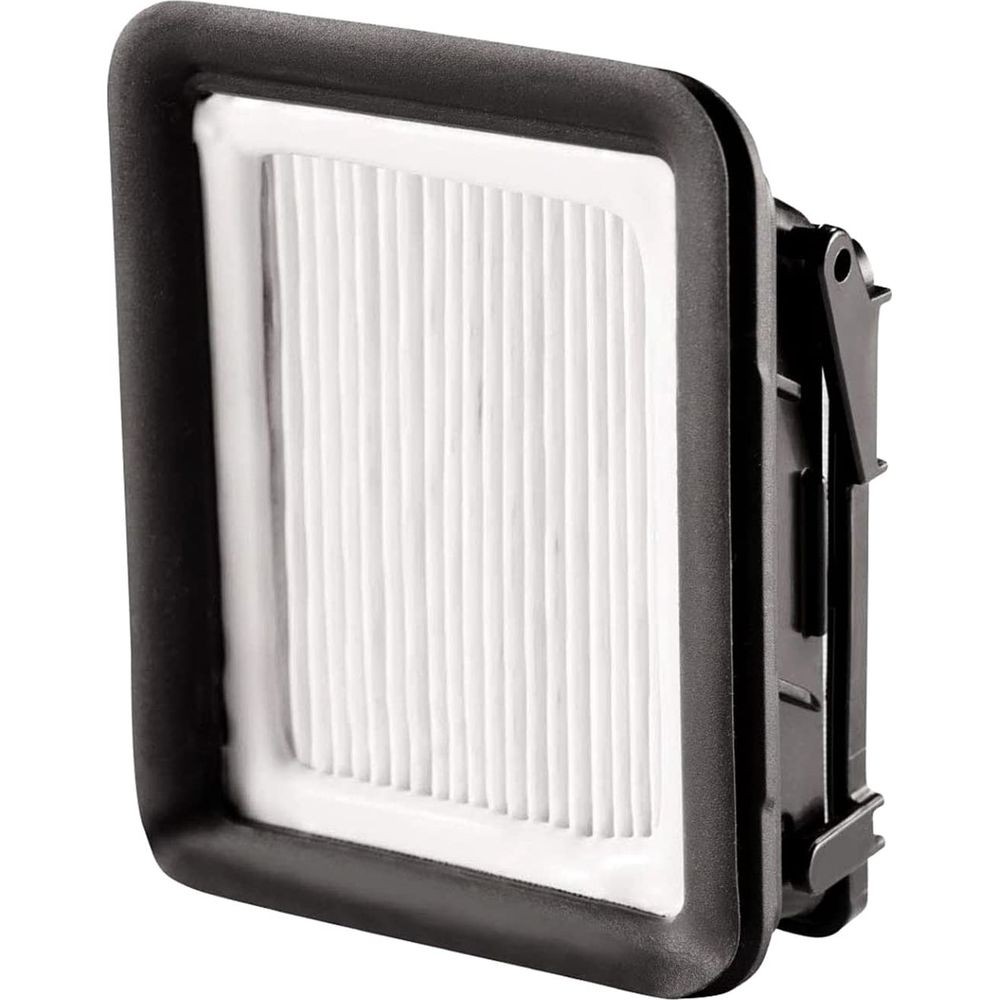 Biały filtr plisowany w czarnej ramie z czarnym mechanizmem zatrzaskowym z boku.