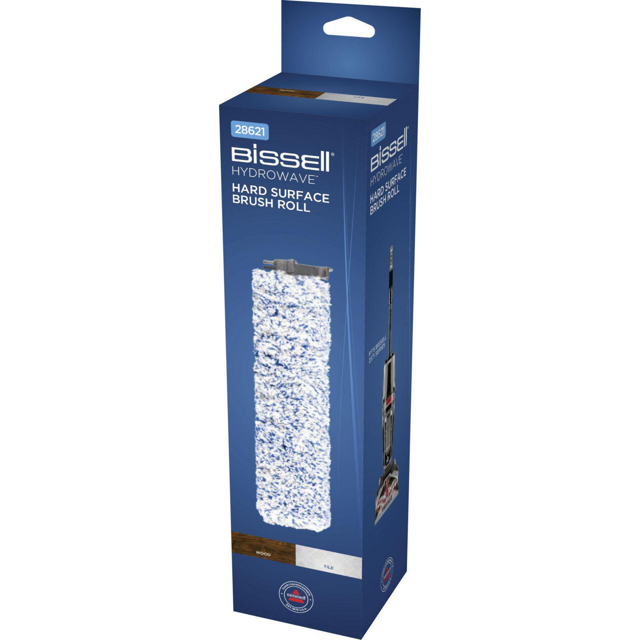 Verpackung einer Bissell Hydrowave Hartboden-Bürstenrolle mit einem weißen und blauen Bürstenkopf.