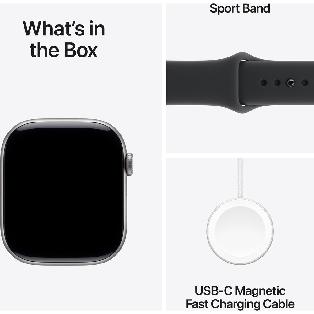 Apple Watch, cinturino sportivo e cavo di ricarica.