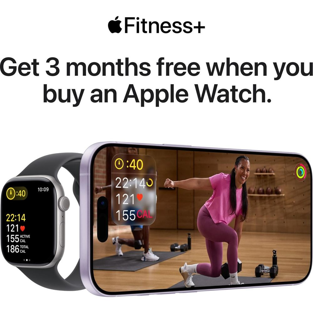 Apple Watch e iPhone mostrano allenamento Fitness+. Offerta: 3 mesi gratis.
