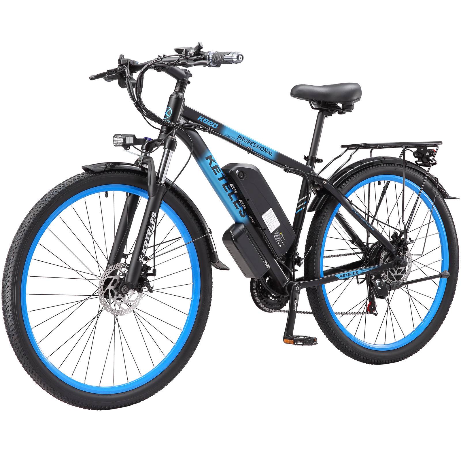 Bicicletta elettrica nera con cerchi blu, pacco batteria e portapacchi.