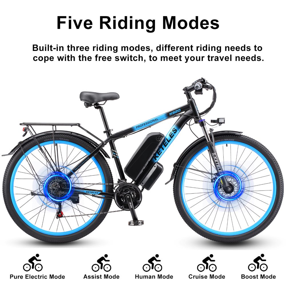 Una bicicletta elettrica nera con accenti blu, che mostra cinque modalità di guida.