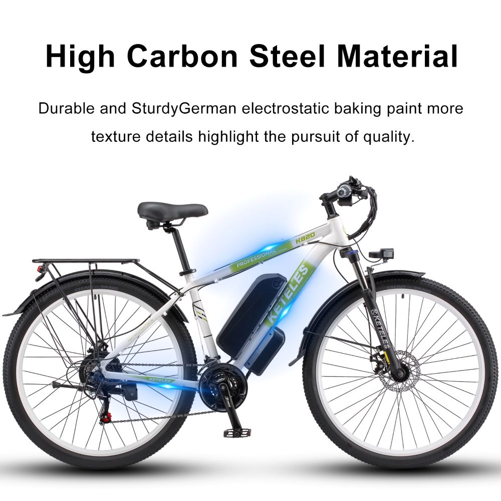 Una bicicletta elettrica bianca con portapacchi e batteria neri.