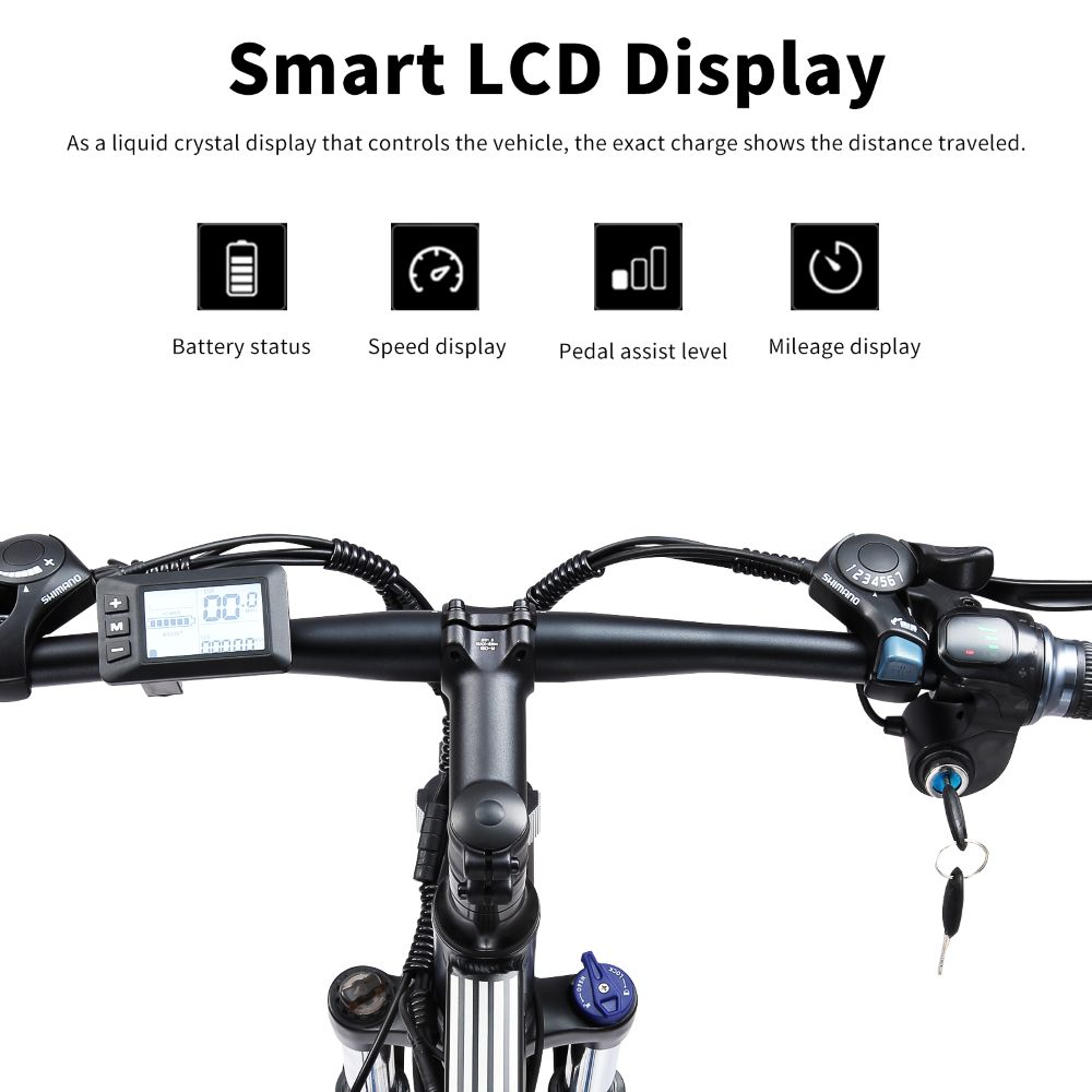 Manubrio e-bike con display LCD, cambio e accensione a chiave.
