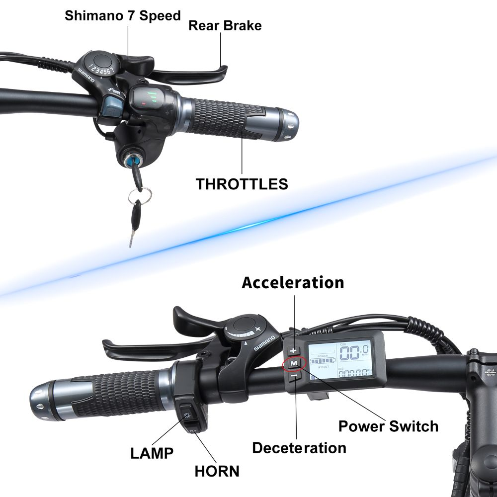 Manubrio bicicletta con cambio, freni, acceleratore, display e luci.