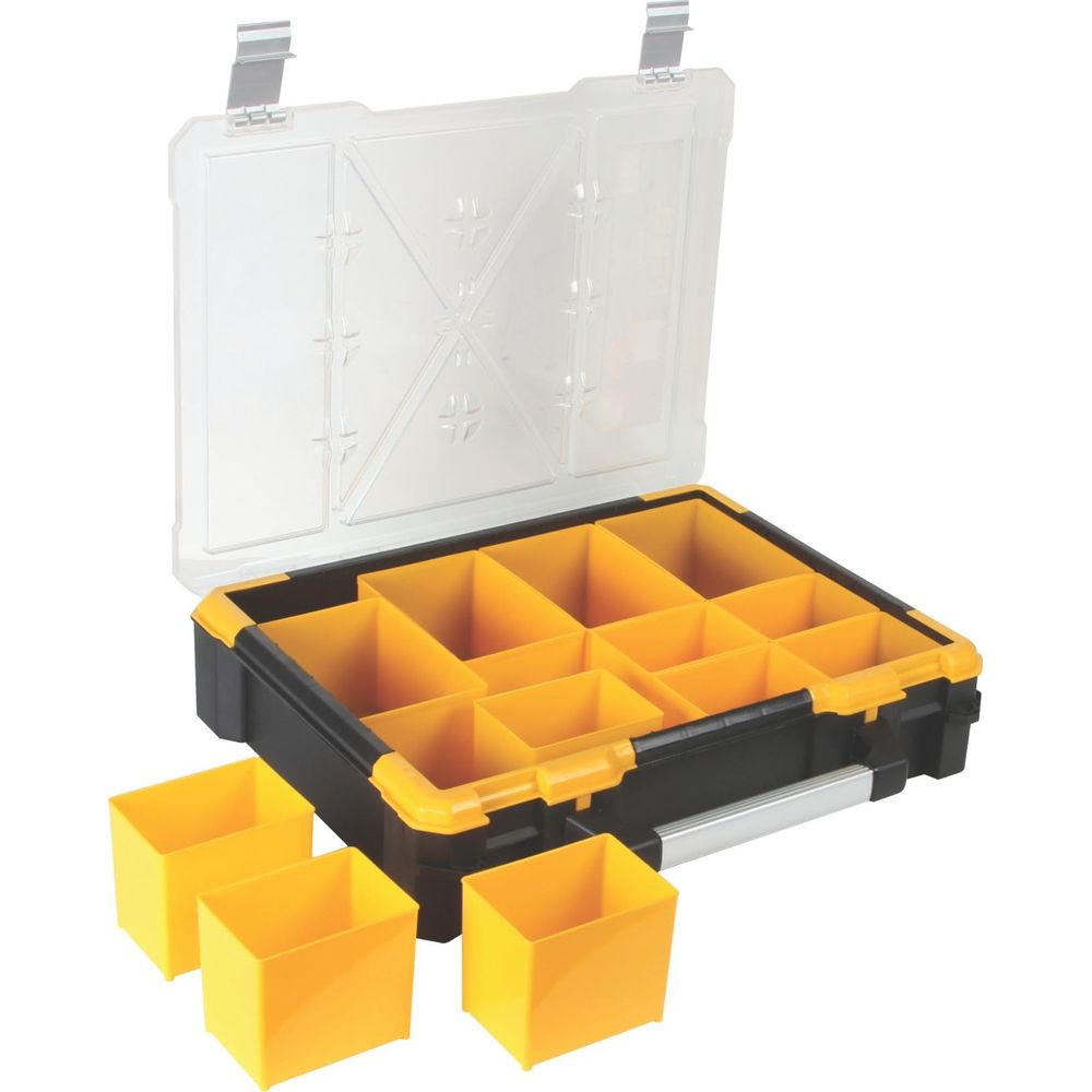 Una scatola organizer aperta in plastica nera con scomparti gialli.