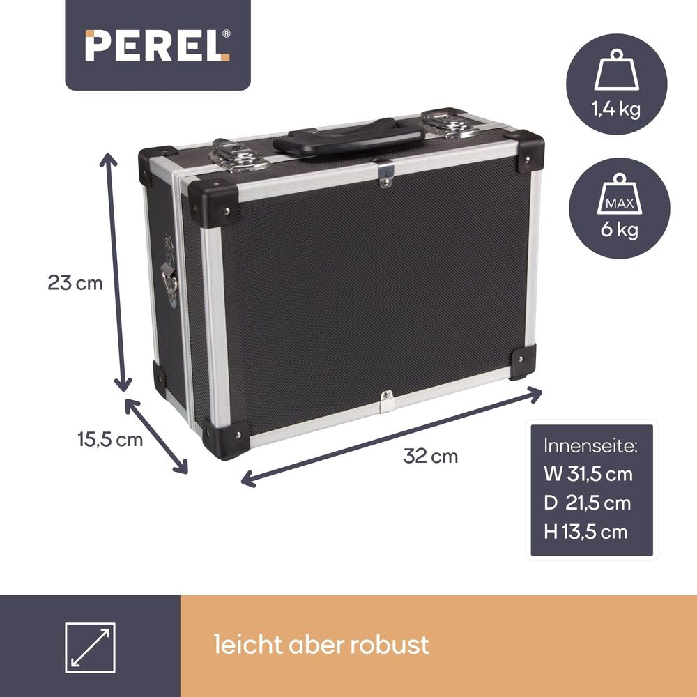 Valigetta nera con telaio in alluminio, dimensioni 32x23x15,5 cm, 1,4 kg a vuoto.