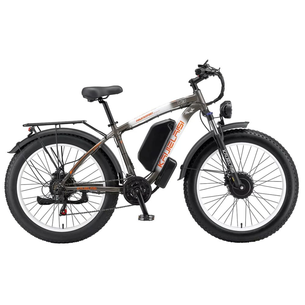 Bicicletta elettrica grigia con pneumatici larghi e portapacchi nero.