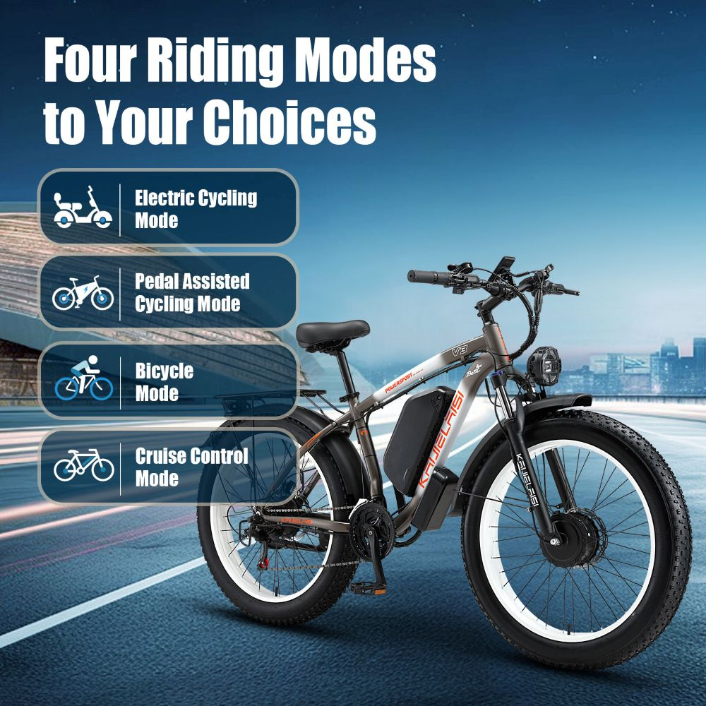 Una e-bike con pneumatici larghi e quattro modalità di guida: elettrica, pedalata assistita, bicicletta e cruise control.