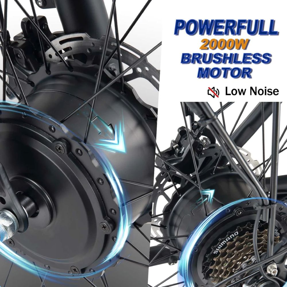 Primo piano del motore del mozzo della bicicletta con testo: Potente motore brushless da 2000W, bassa rumorosità.