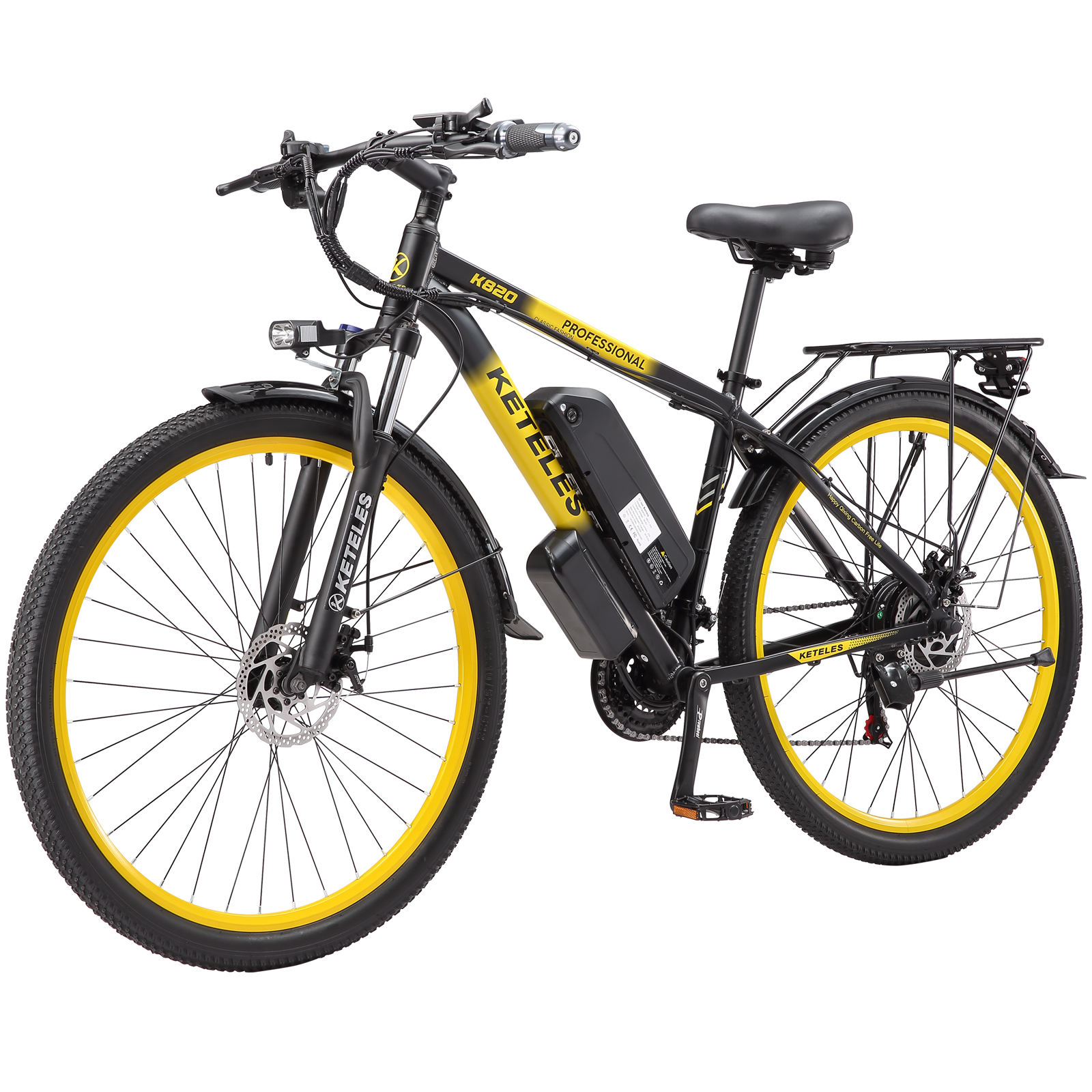 Una bici elettrica nera con cerchi e batteria gialli.