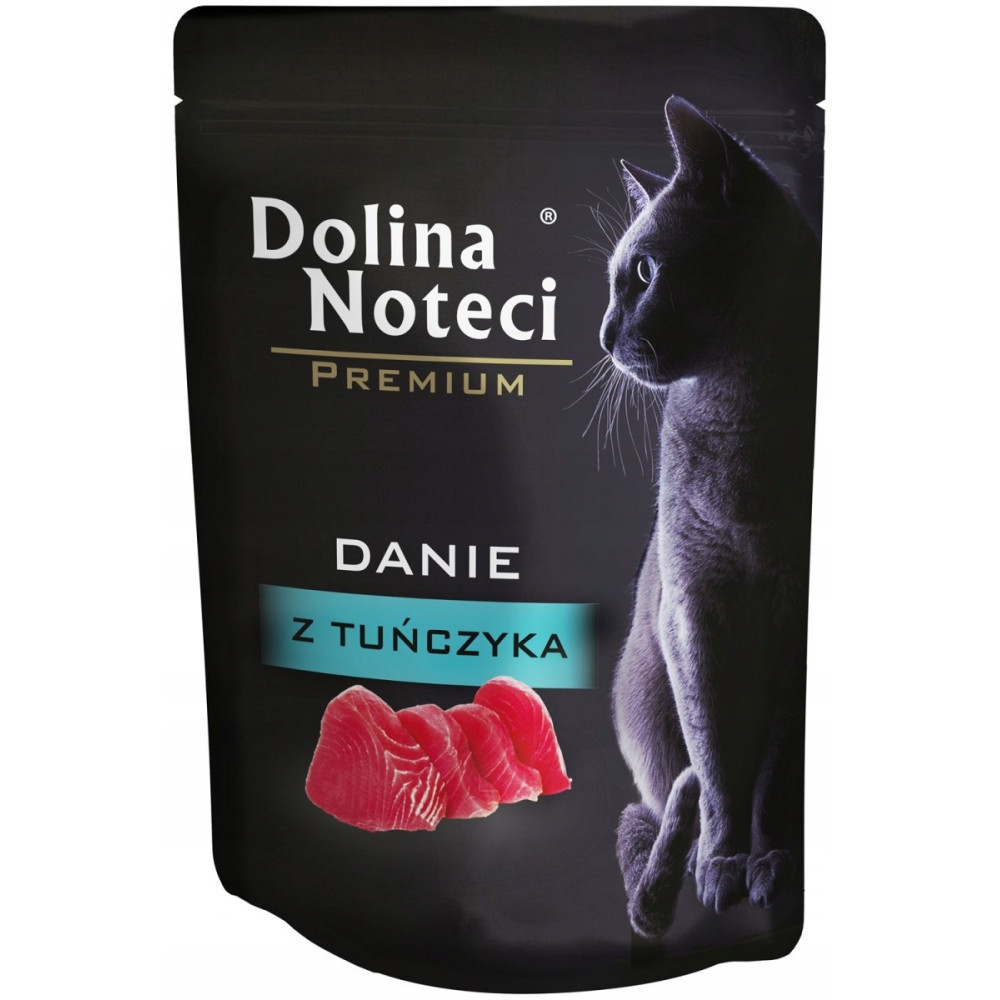Ciemna torebka z napisem "Dolina Noteci Premium", plasterkami tuńczyka i kotem.