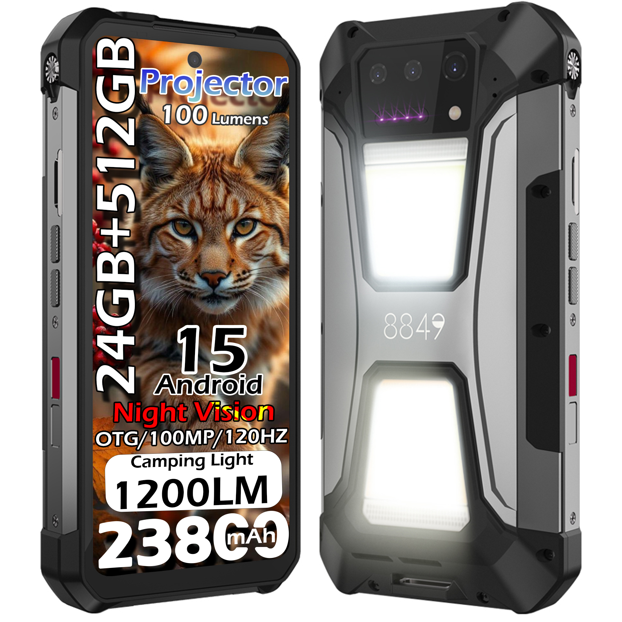 Teléfono robusto con proyector, imagen de gato, 24GB+512GB, visión nocturna, 1200LM.